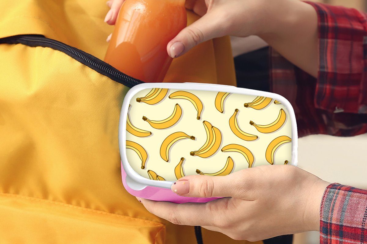 Kunststoff Gestaltung Brotbox - - Obst Erwachsene, MuchoWow Kinder, Lunchbox rosa Banane, Brotdose (2-tlg), für Mädchen, Kunststoff, Snackbox,
