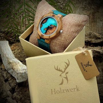 Holzwerk Quarzuhr ELSTER kleine Damen Epoxidharz Leder & Holz Uhr, türkis blau & braun