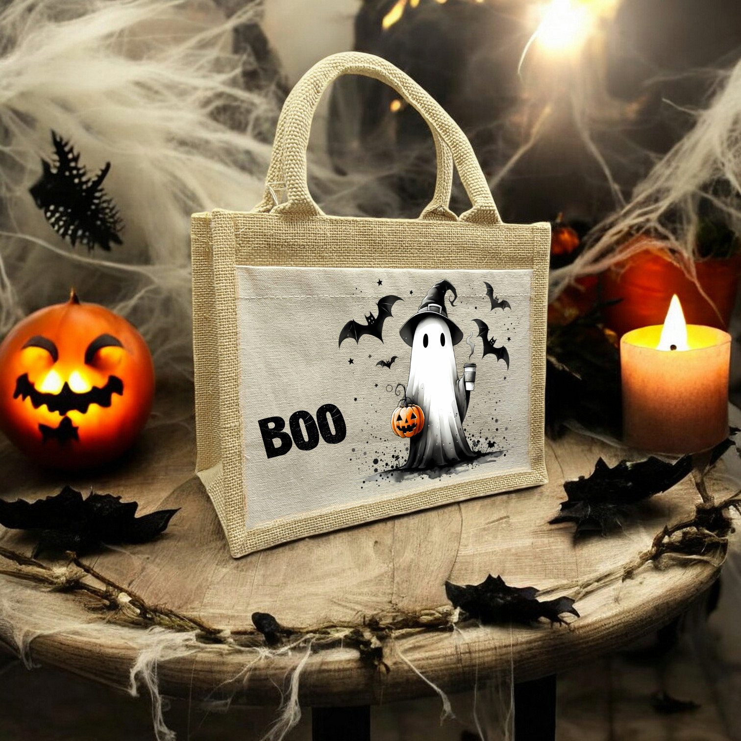 CreaDesign Korbtasche Halloween Tasche Geist, Sammeltasche aus Jute, 26 x 35 x 14 cm (1-tlg)
