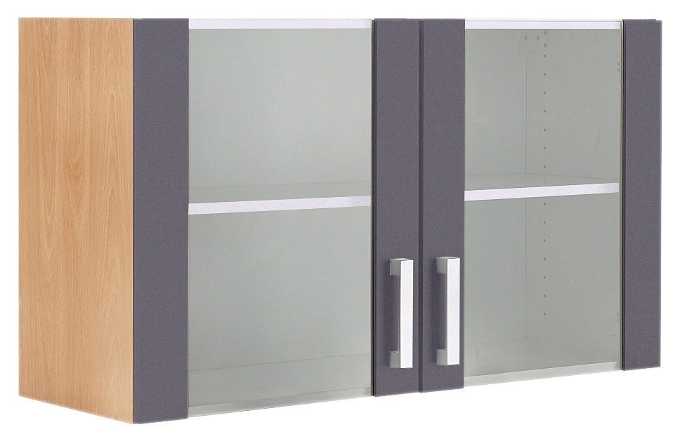 OPTIFIT Hängeschrank Odense 100 cm breit, mit 2 Türen mit Grauglaseinsatz anthrazit/buche | buchefarben