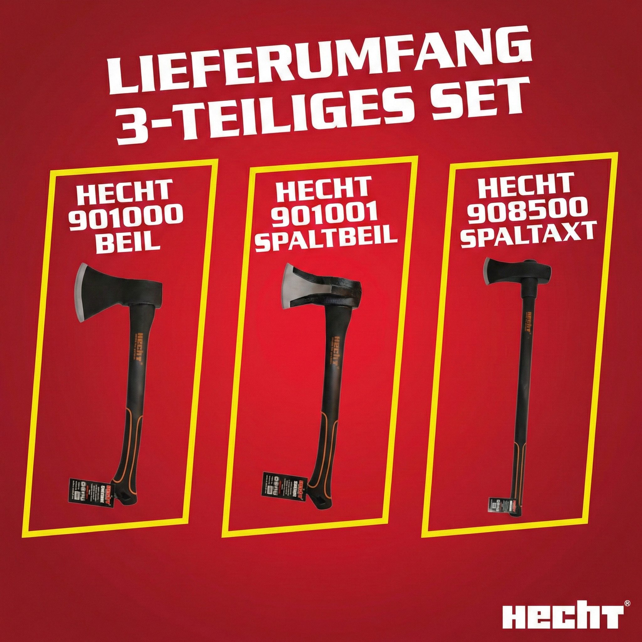 Hecht Axt 40cm Beil 40cm Spaltbeil 85cm Spaltaxt Set, (3-St), Fiberglaskern, mit Gummischutzlippe
