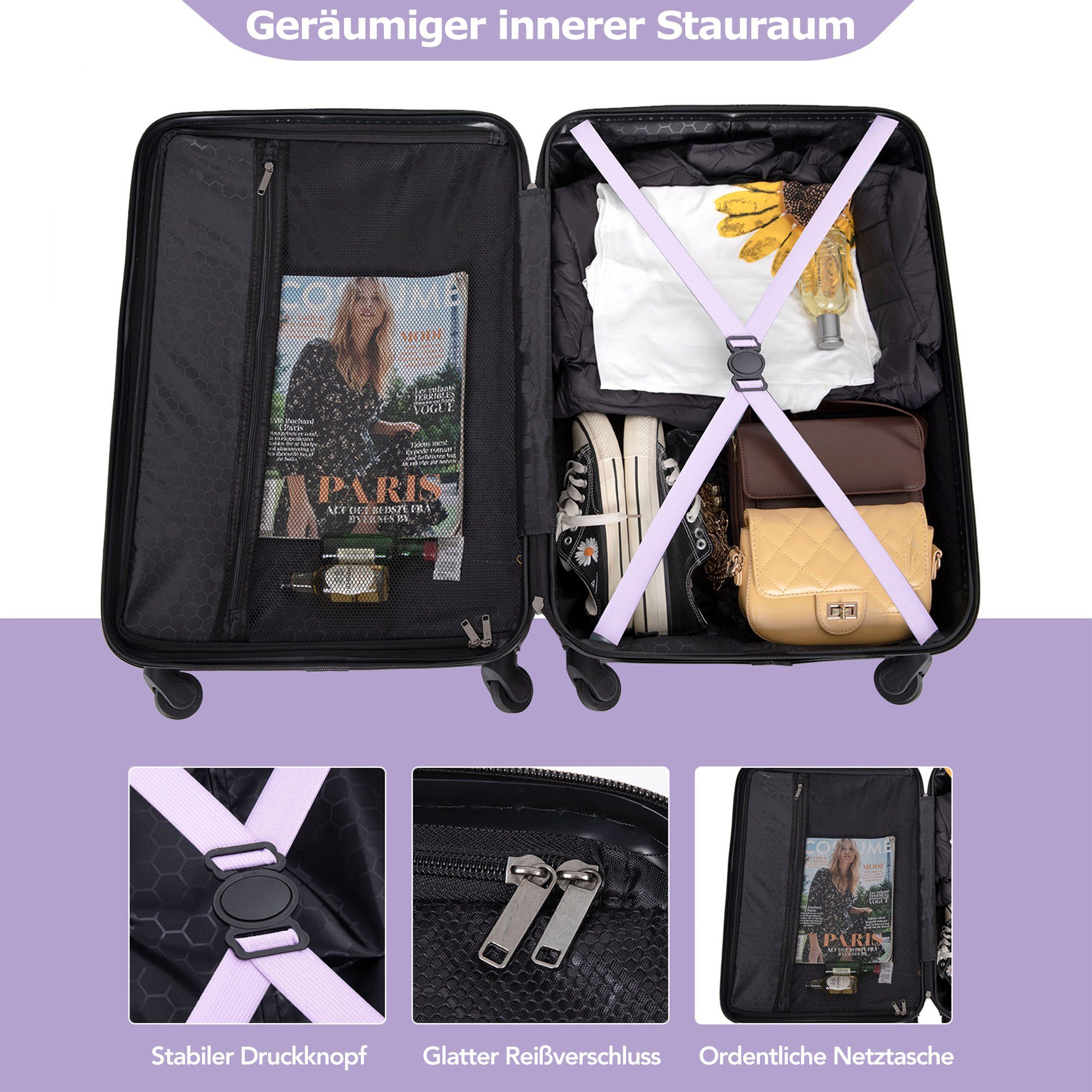 Reisekoffer, Helllila Flieks Hartschalen-Trolley, Handgepäcktrolley TSA-Schloss Koffer ABS-Material, Rollen, 4