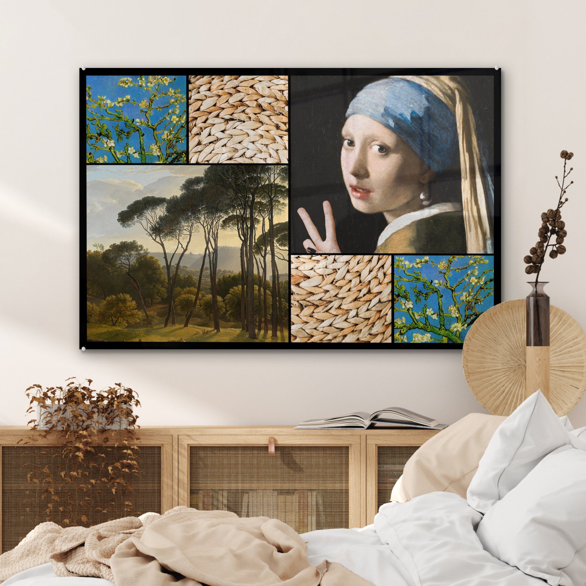 MuchoWow St), Acrylglasbild Meister, - Mädchen & - Alte mit Wohnzimmer (1 Schlafzimmer Perlenohrring Acrylglasbilder Collage