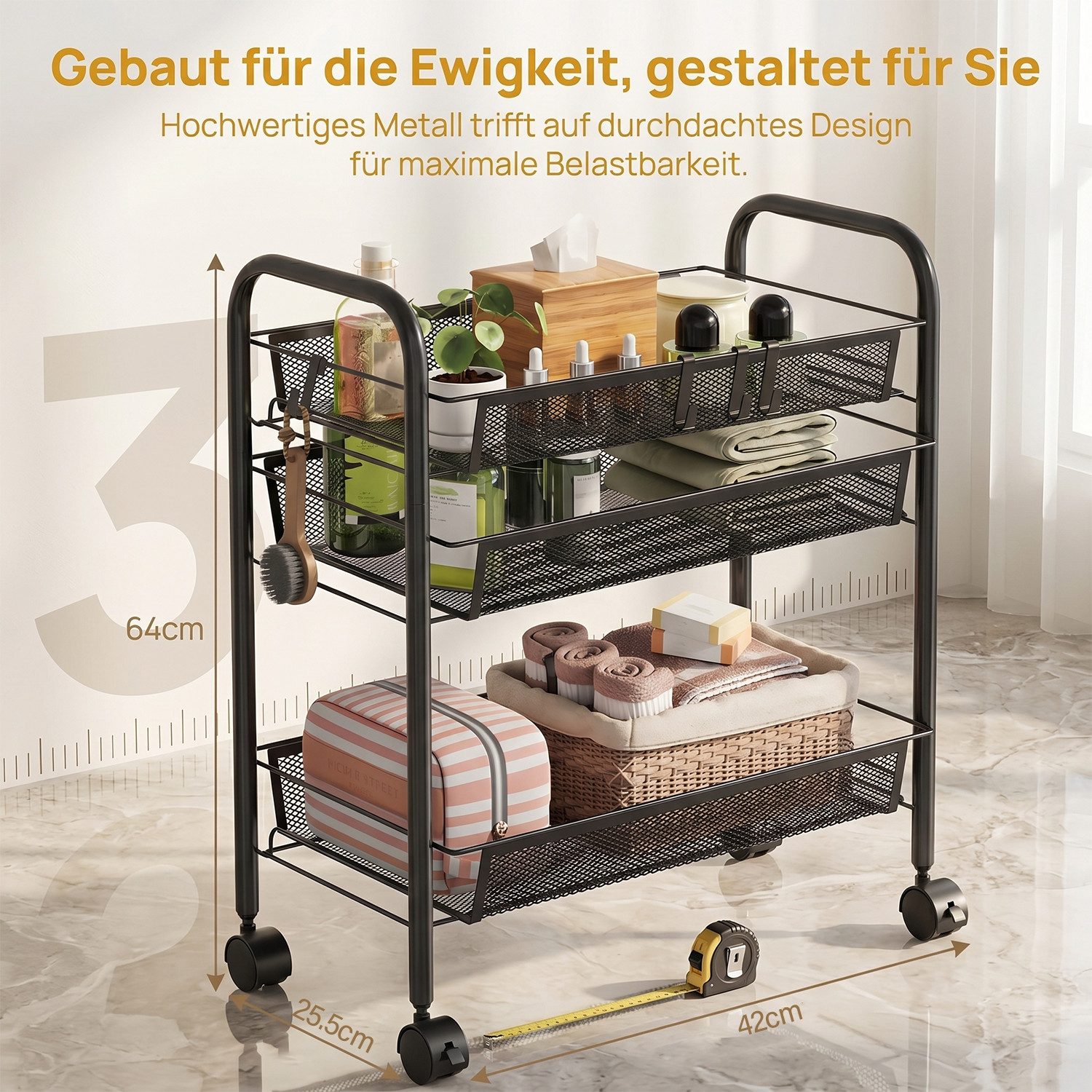 AKKEE Beistellwagen Küchenwagen, Servierwagen Küchenwagen, Rollwagen mit 3/4 Etagen, Feststellbare Rollen
