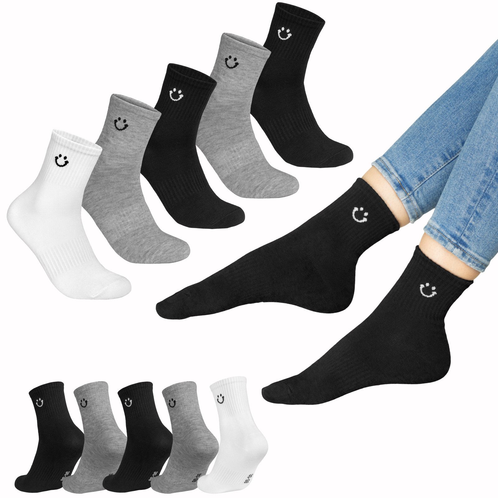 EAAKIE Sportsocken Sport-/Tennissocken Unisex Baumwolle mit Smiley 5/10/20/30 Paar (10-Paar)