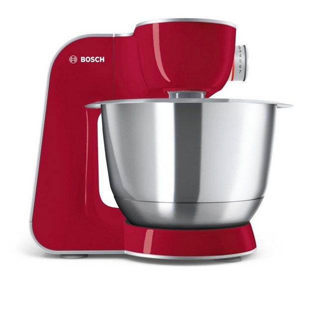 Bosch Küchenmaschine MUM5 CreationLine MUM58720, Edelstahl-Schüssel 3,9 L, Mixer 1,25 L, Planetenrührwerk, Knethaken, Schlag-, Rührbesen Edelstahl, Durchlaufschnitzler, 3 Scheiben, 1000 W, dunkelrot