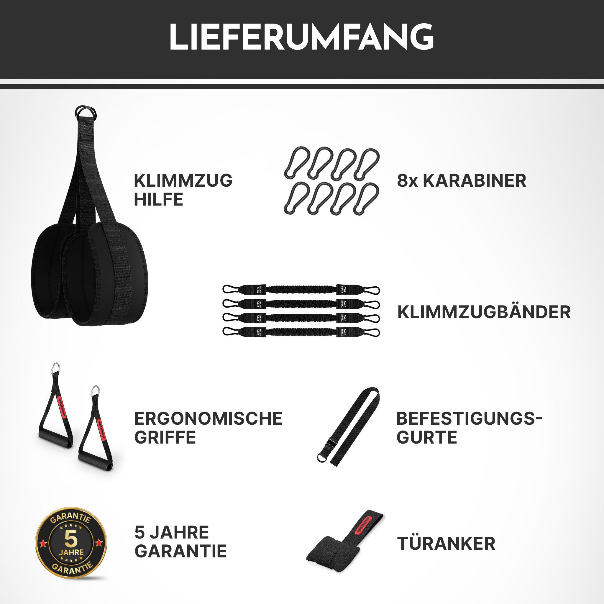 NEOLYMP Klimmzugstange Klimmzughilfe – kontrollierte Unterstützung ohne Zurückschnellen (Klimmzugband Set für saubere Klimmzüge), 4-Seil-System mit gepolsterten Fußschlaufen, 4x Tube Bands je 34 kg