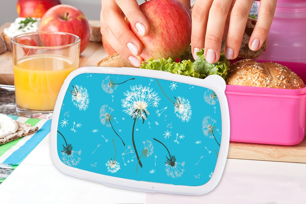 Lunchbox MuchoWow Brotdose Kinder, Erwachsene, rosa Löwenzahn, Snackbox, Brotbox Design Pflanze - Kunststoff, für (2-tlg), Mädchen, Kunststoff -