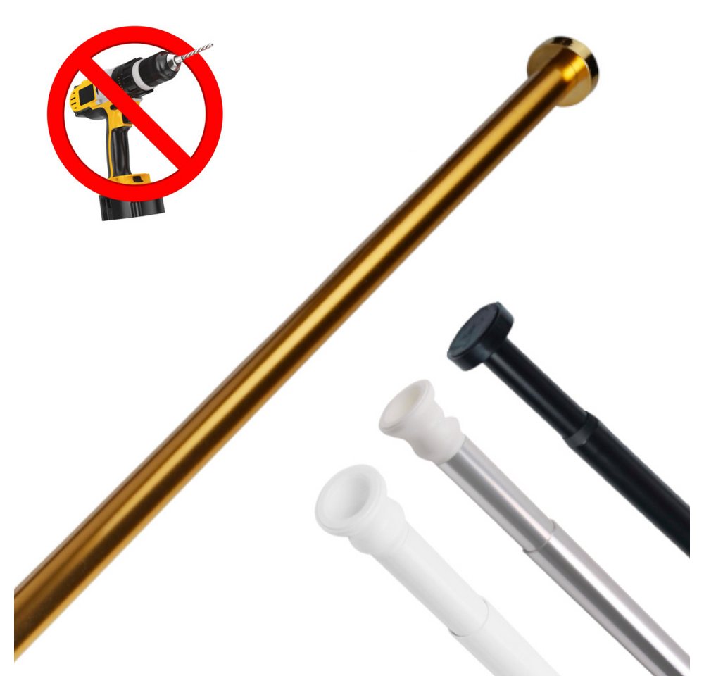 Sanilo Duschvorhangstange 90 - 160 cm oder 120 - 220 cm in schwarz, gold, weiß, chrom, Ø 28 mm, ausziehbar, Klemmstange, geklemmt, Aluminium, einfache Montage ohne Bohren, für Duschvorhang, bis zu 10 Kg belastbar
