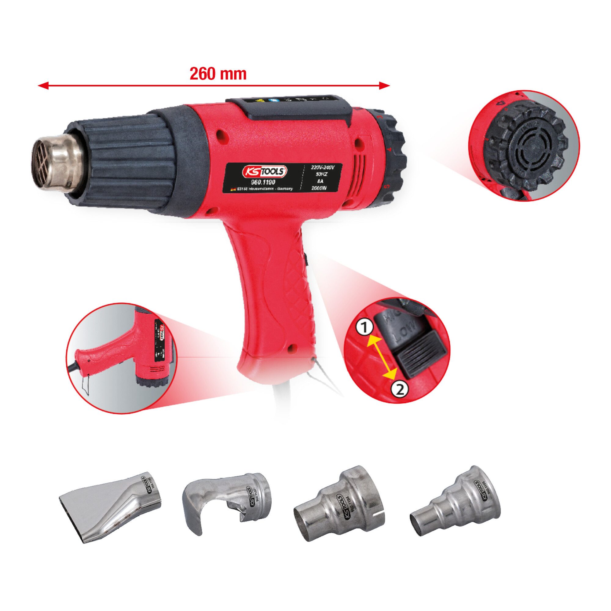 KS Tools Heißluftgebläse KS Tools Heißluft-Gerät Satz inkl. 4 Aufsätze