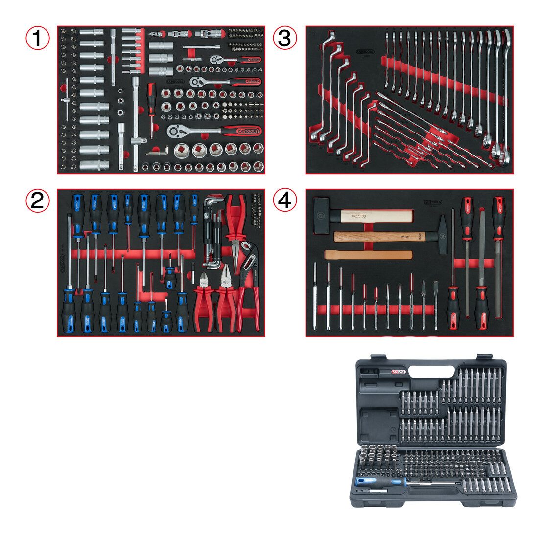 KS Tools Werkzeugwagen, (515-tlg), Universal-Systemeinlagen-Satz f. 4 Schubladen m. 515 Premium