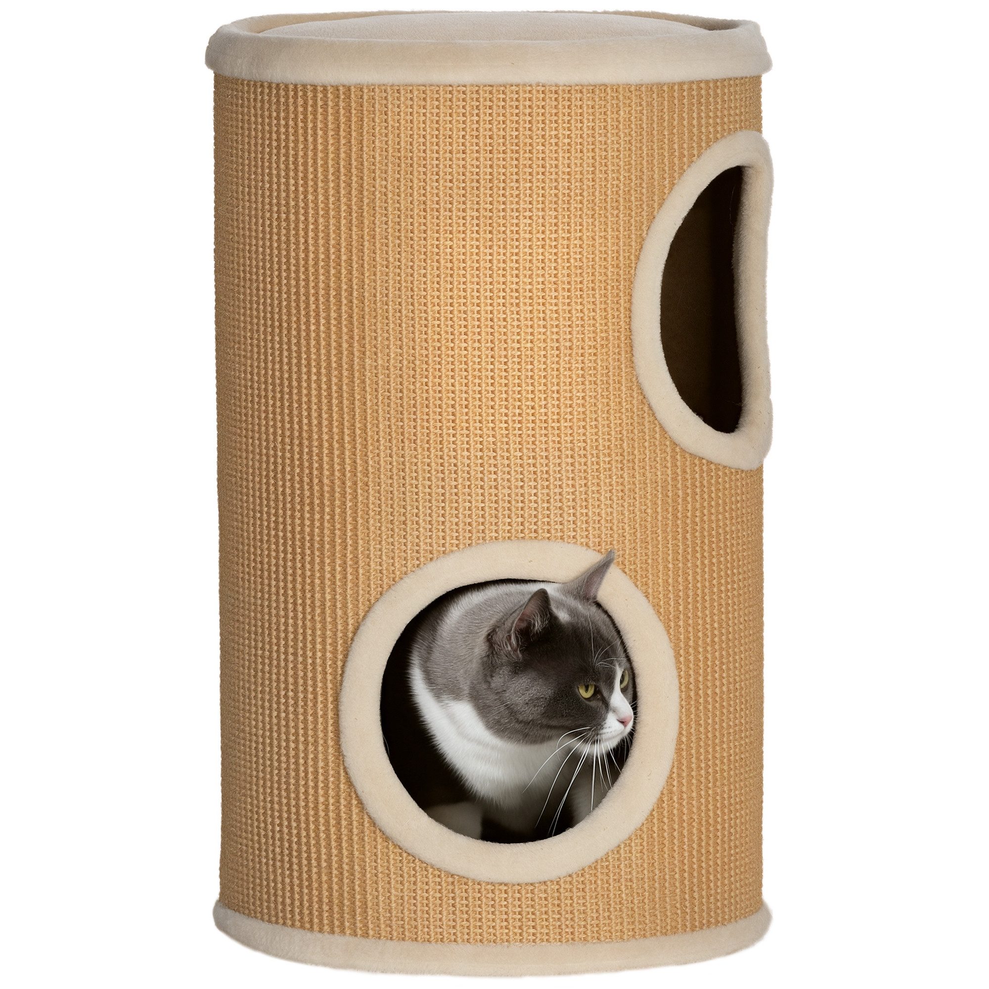 PawHut Kratztonne zweistöckige Katzentonne mit 2 Höhle, Kratzbaum mit Plüschrand, (Katzenmöbel, 1-tlg., Kratzturm), für Katze bis 5 kg, Braun