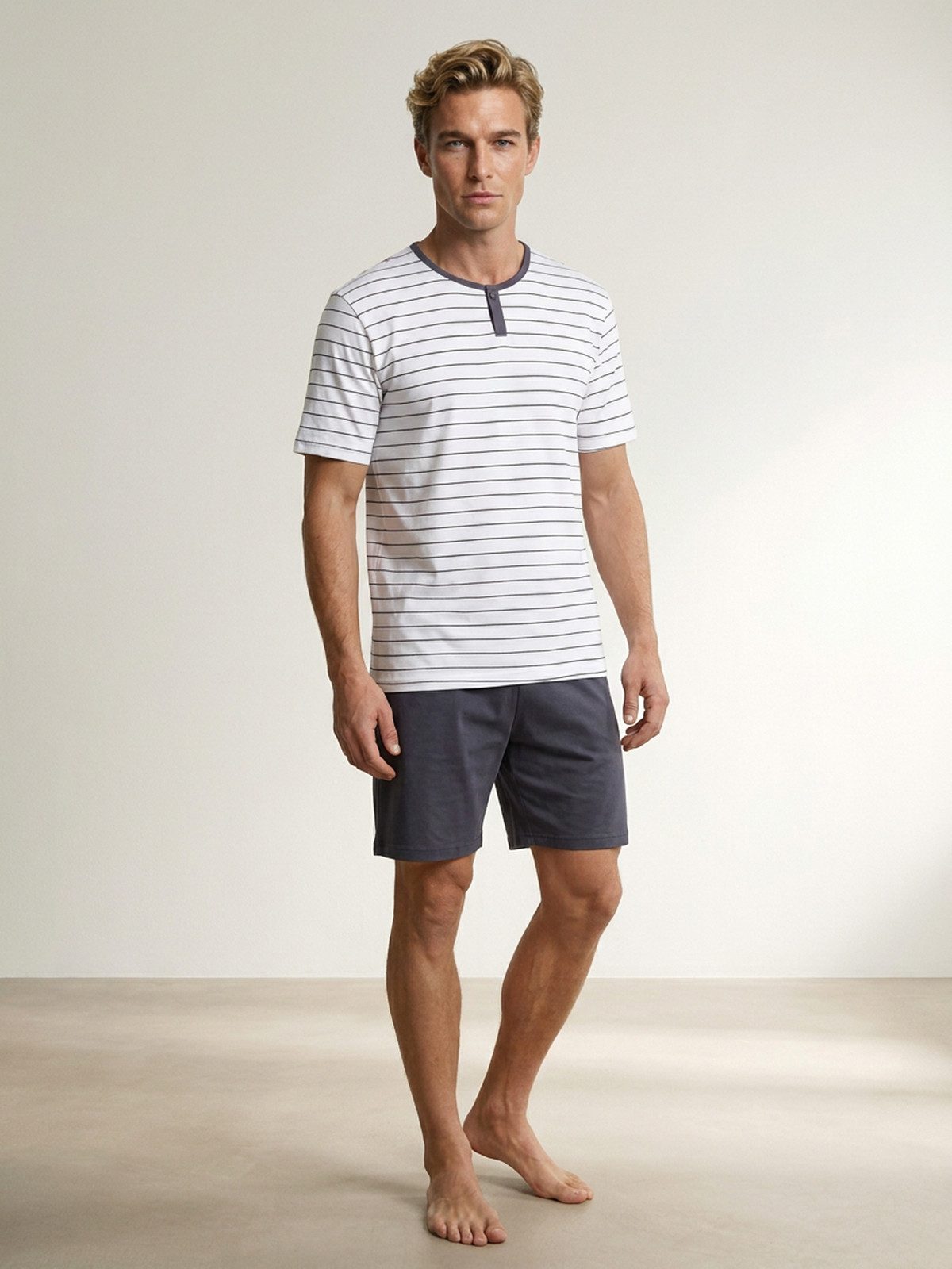 Henry Terre Shorty Herren Pyjama Kurz Gestreift Rundhals