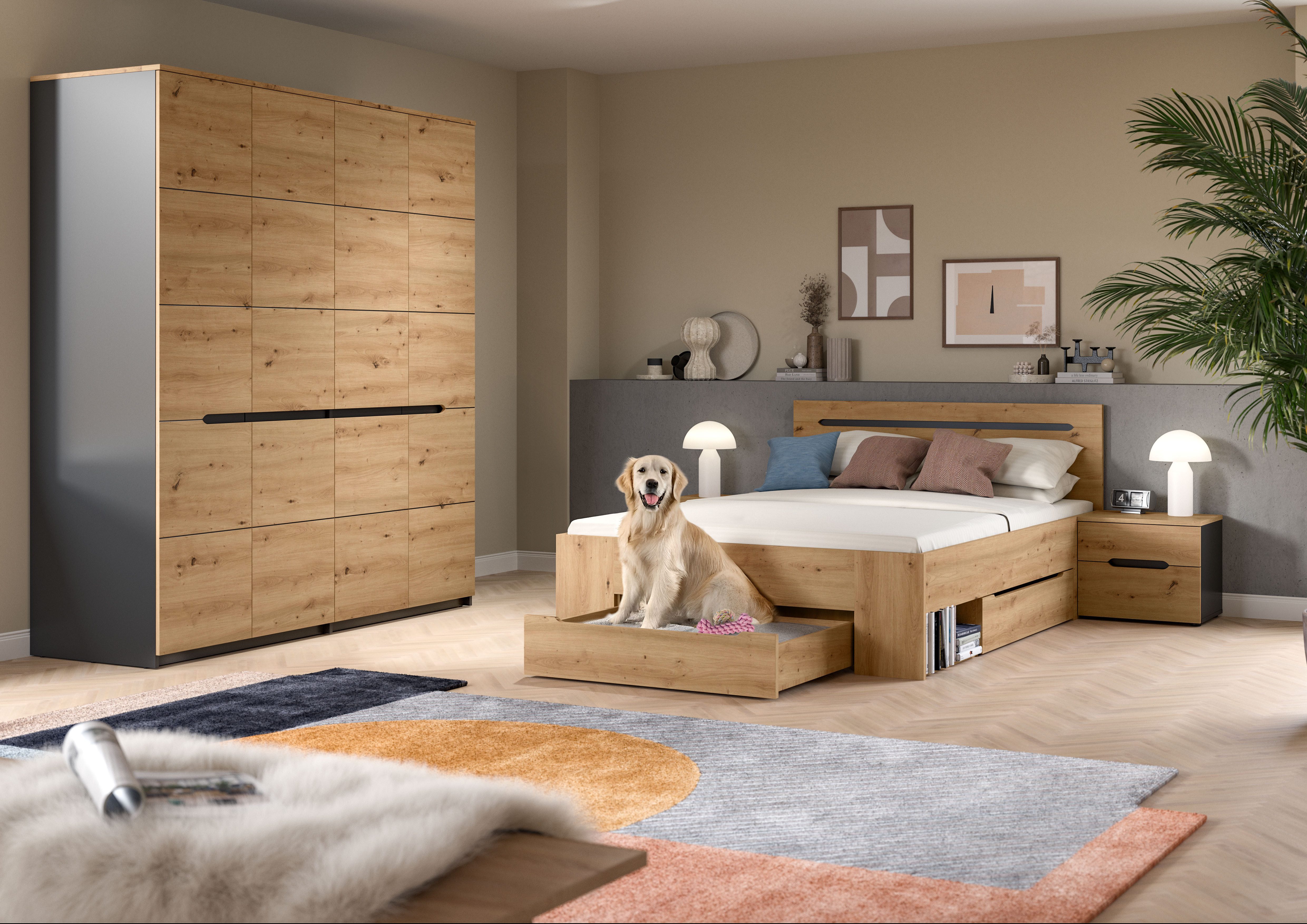 Home affaire Schlafzimmer-Set REHAT, 4-teilig, best. aus: Bett, Kleiderschrank & 2x Nachtkommode, (4-tlg., TOPSELLER!, für Matratzengröße 140x200 cm, viel Stauraum), Rehat, Schlafzimmerset, Bett 140x200 cm, Nachttische, 1 Kleiderschrank