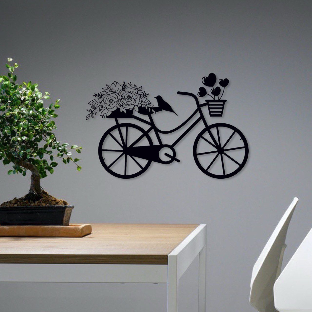 WoodFriends Wandbild Damenfahrrad mit Blumen Fahrrad Holzschild zum Aufkleben