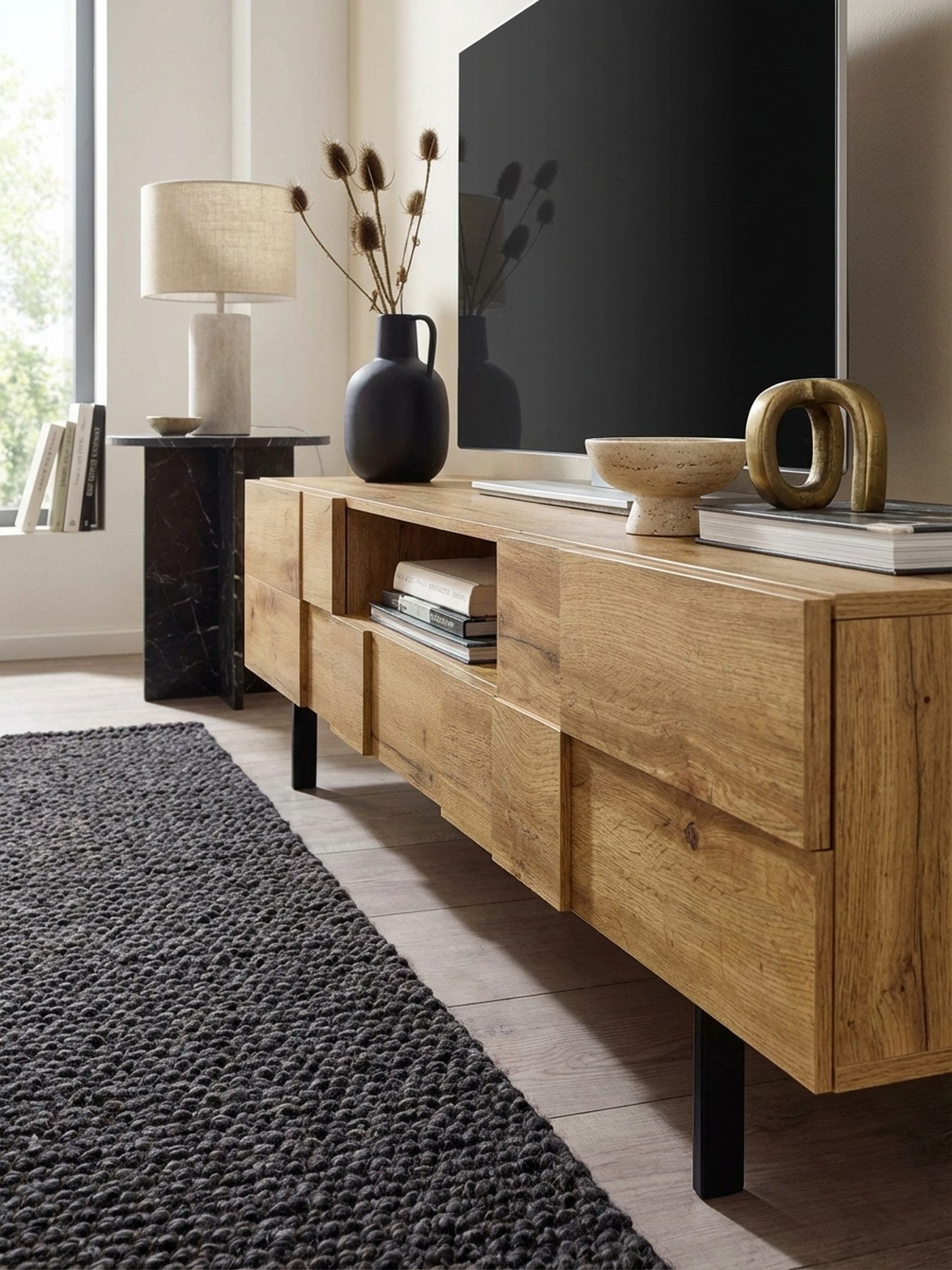 KADIMA DESIGN Lowboard Lowboard Holz Eiche-Dekor 160x46x43 cm TV-Kommode mit zwei Türen, (Fernsehkommode Wohnzimmer), Design TV-Schrank Hoch, Fernsehtisch Fernsehschrank Modern