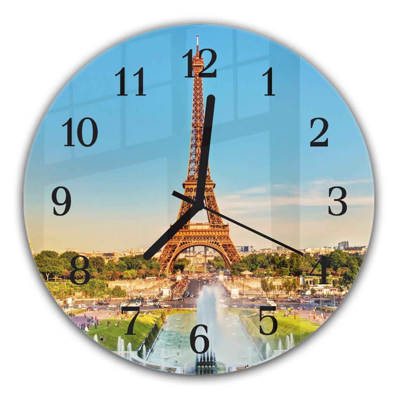 Frühling Motiv Paris in mit cm Primedeco Durchmesser Rund Wanduhr Quarzuhrwerk mit 30 Glas und - aus Wanduhr