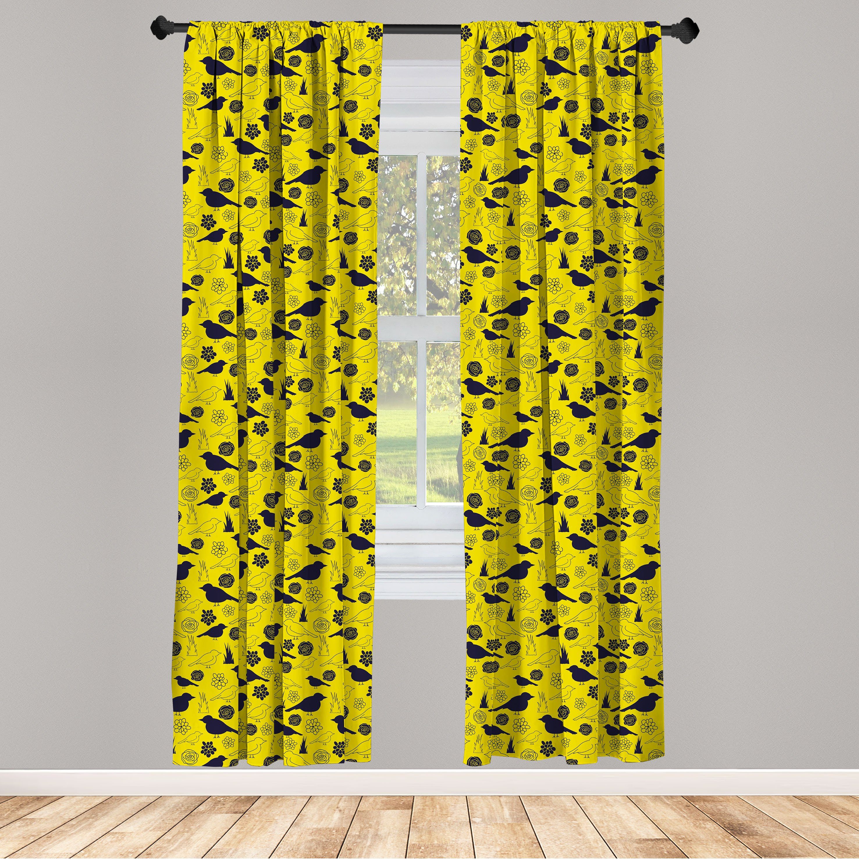 Gardine Vorhang für Wohnzimmer Schlafzimmer Dekor, Abakuhaus, Microfaser, Gelber Vogel Vogel- und Blütenblätter