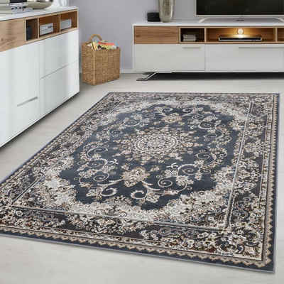 Designteppich Designer Wohnzimmer Teppich Shiraz Orientaler Teppich mit Bordüre Grau/Beige, Carpetilla, Höhe: 12 mm, Wohnzimmer, Kurzflor
