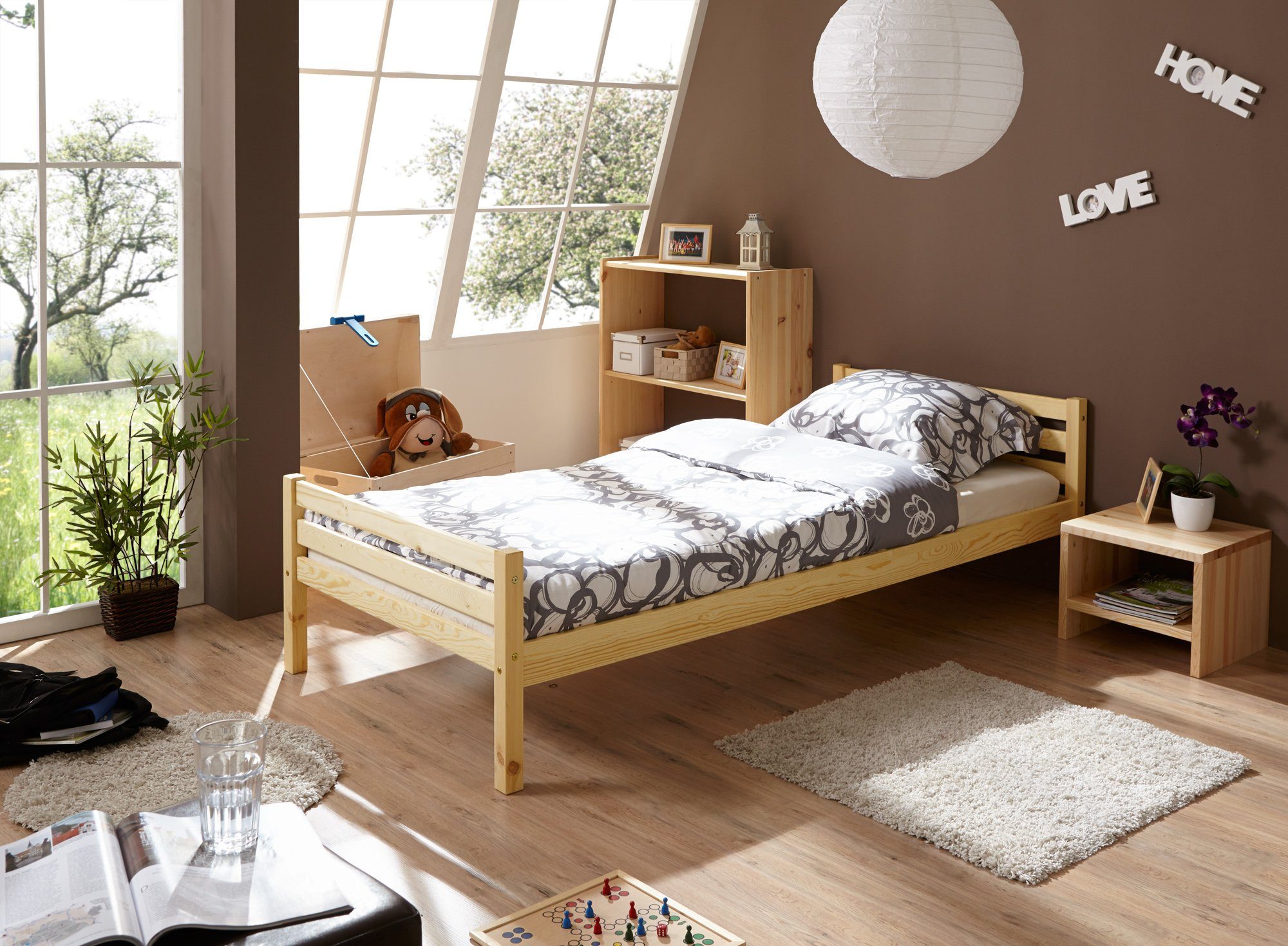 Ticaa Bettgestell Einzelbett "Nadine" Kiefer massiv Natur, robustes und schlichtes Design
