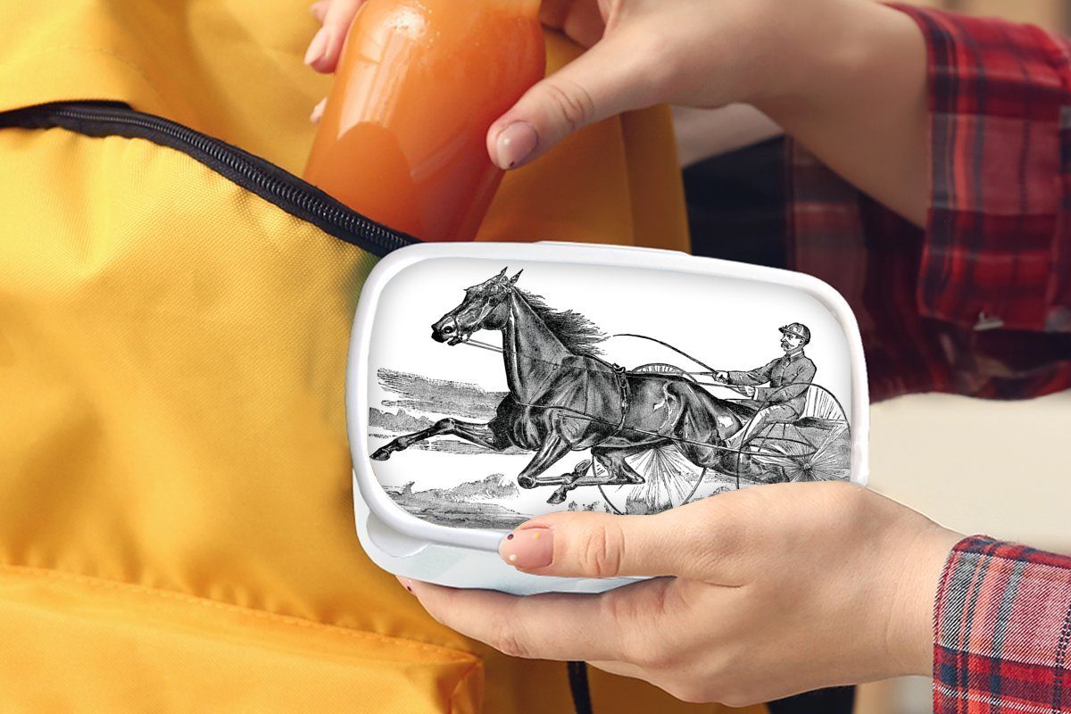 MuchoWow Lunchbox Eine Illustration für und der für eines Erwachsene, Pferdes in Kinder Trabrennbahn, Brotbox weiß Mädchen Brotdose, und Jungs (2-tlg), Kunststoff
