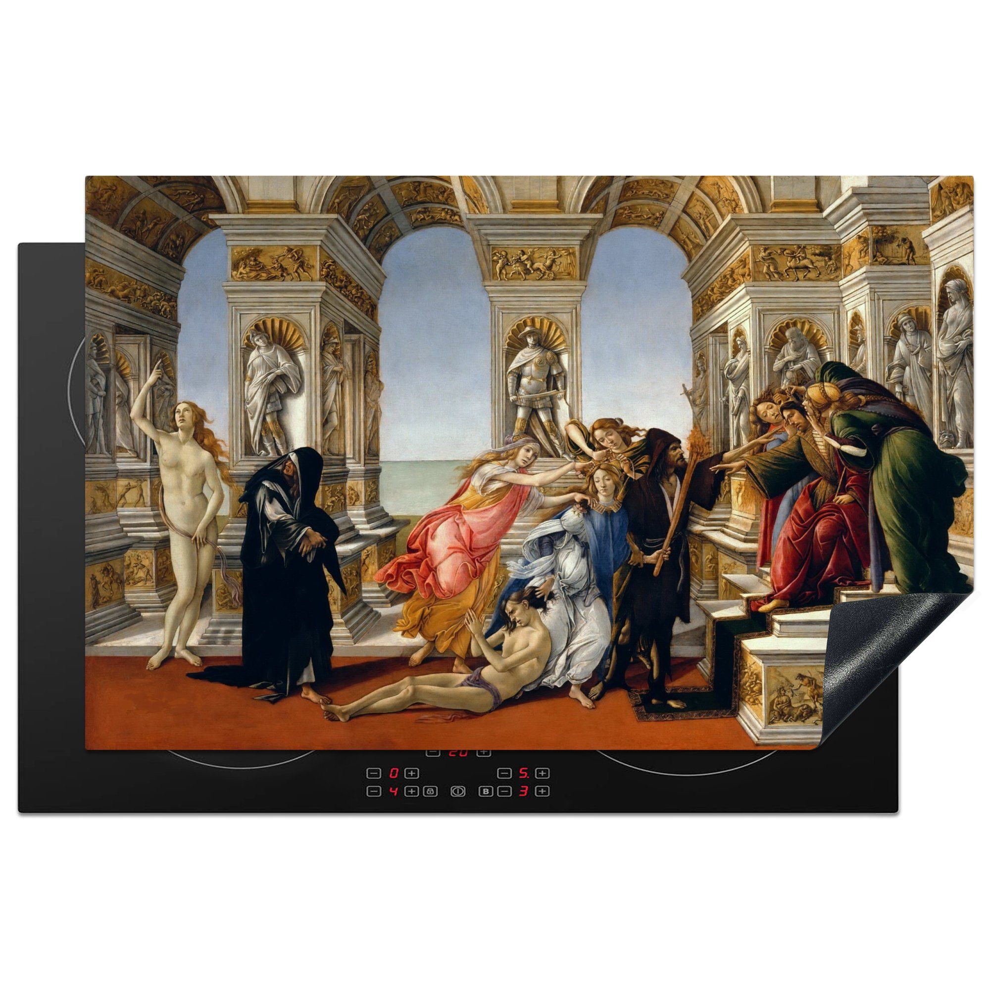 MuchoWow Herdblende-/Abdeckplatte Die Verleumdung des Apelles - Gemälde von Sandro Botticelli, Vinyl, (1 tlg), 81x52 cm, Induktionskochfeld Schutz für die küche, Ceranfeldabdeckung