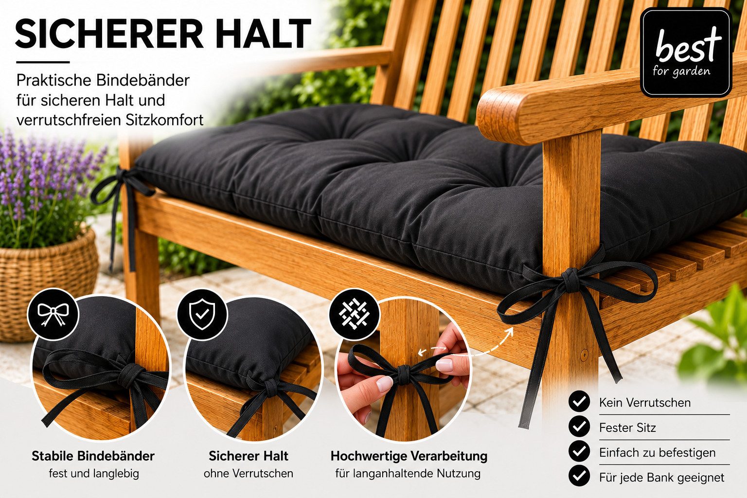 Best for Garden Dekokissen Bankauflage 120x40 cm für 2-Personen-Bänke – Rutschfest & Wetterfest, für 2 Personen