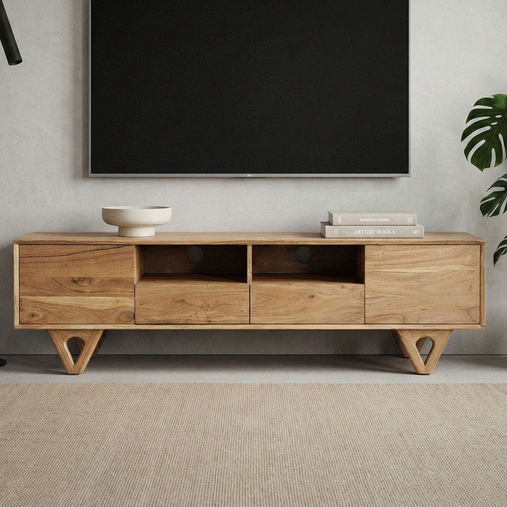 Wohnling Lowboard WL7.593 TV Board Massivholz 160cm Fernsehunterschrank Fernsehkommode (Natürliche Holzstruktur mit warmer Ausstrahlung), Clevere Aufteilung für Technik und Zubehör