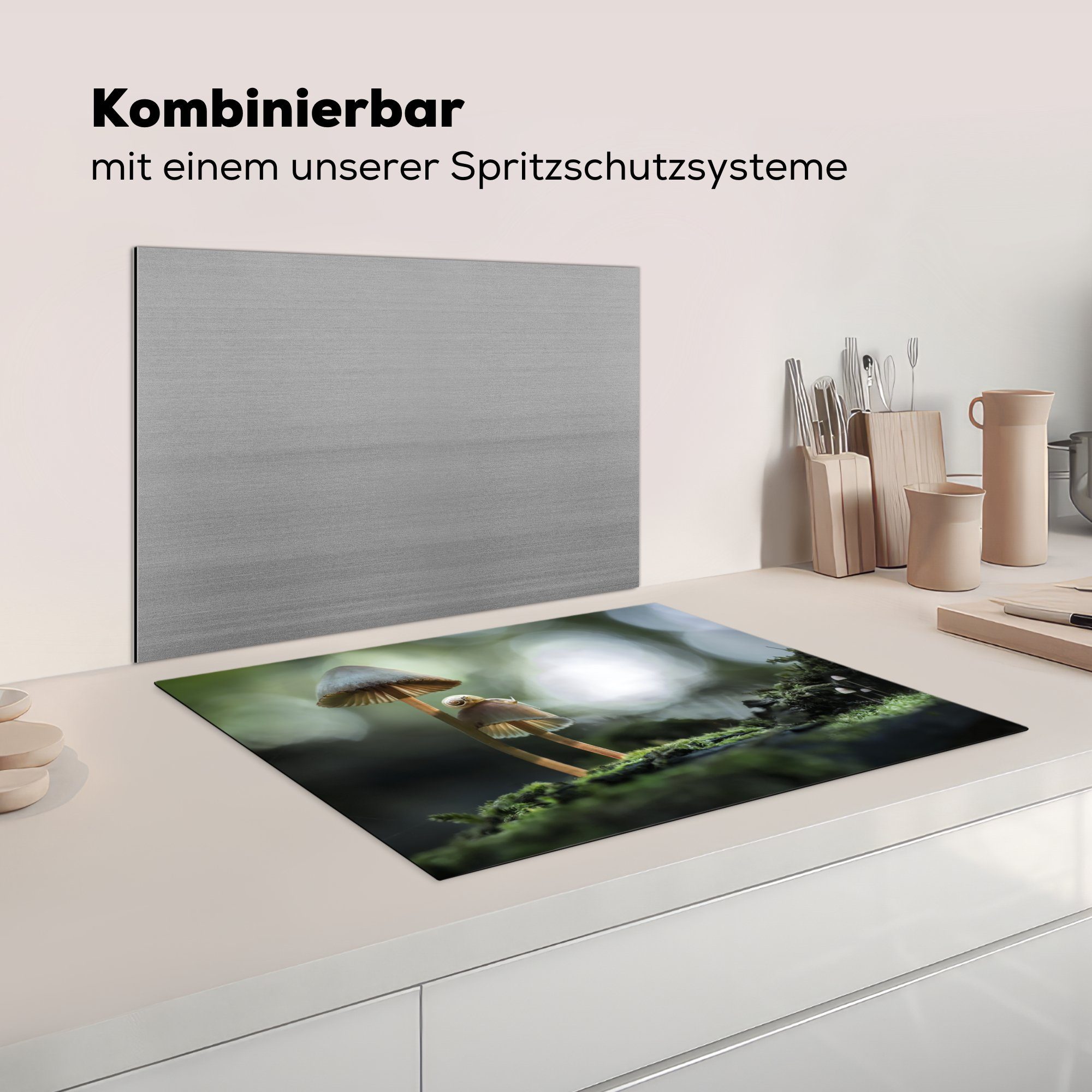 MuchoWow Herdblende-/Abdeckplatte tlg), Schnecke einem 70x52 Arbeitsfläche auf Mobile Vinyl, Pilz, (1 Ceranfeldabdeckung cm, nutzbar