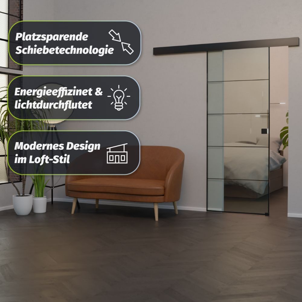 HORI Zimmertür Glastür aus ESG Glas Zimmertür Modernes Loft-Design in Schwarz, Thermisch behandeltes Glas, erhöhte Stoß- und Schlagfestigkeit
