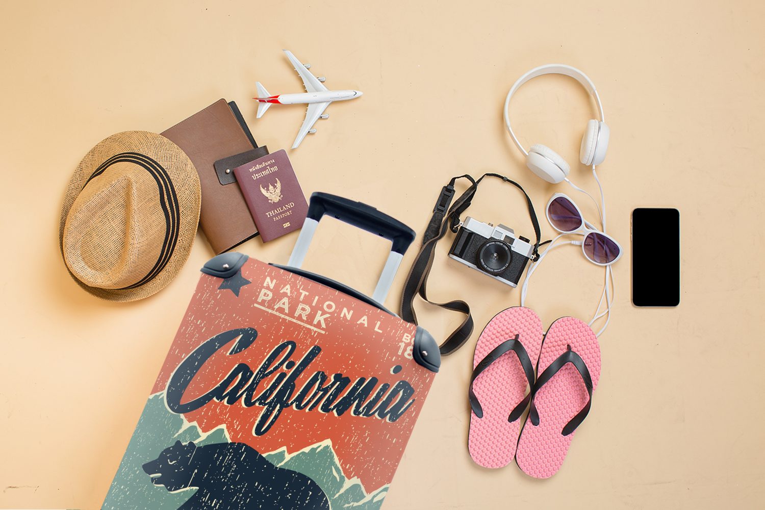 rollen, Trolley, mit Ferien, Vintage-Poster Reisetasche Handgepäck Reisekoffer Handgepäckkoffer 4 für Rollen, Kalifornien, MuchoWow