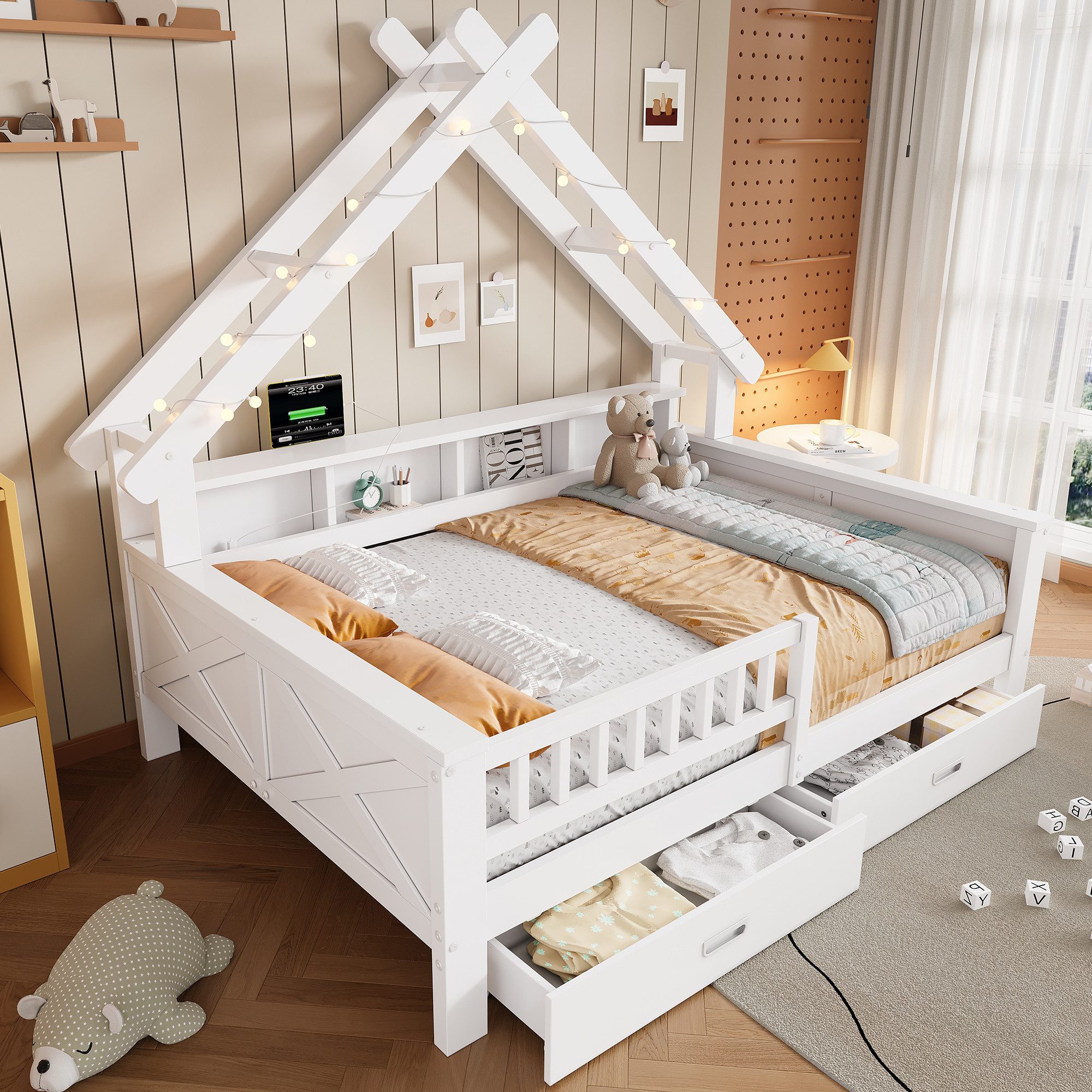 Flieks Kinderbett, Hausbett 140x200cm mit LED-Beleuchtung Ablagefächern und Schubladen