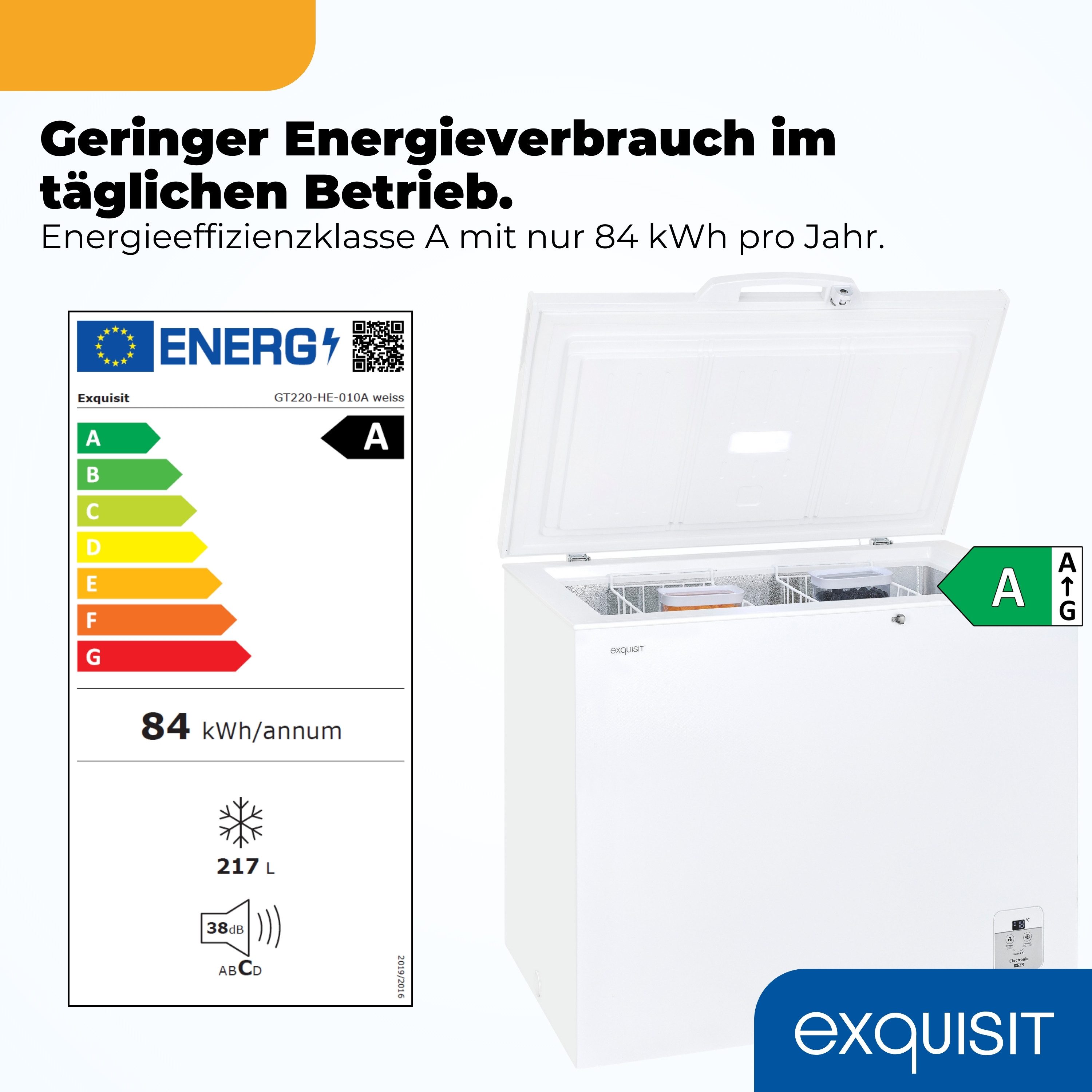 exquisit Gefriertruhe GT220-HE-010A weiss, 96,3 cm breit, 217 l, Kompakt & platzsparend ideal für kleine Küchen oder Zweitgerät