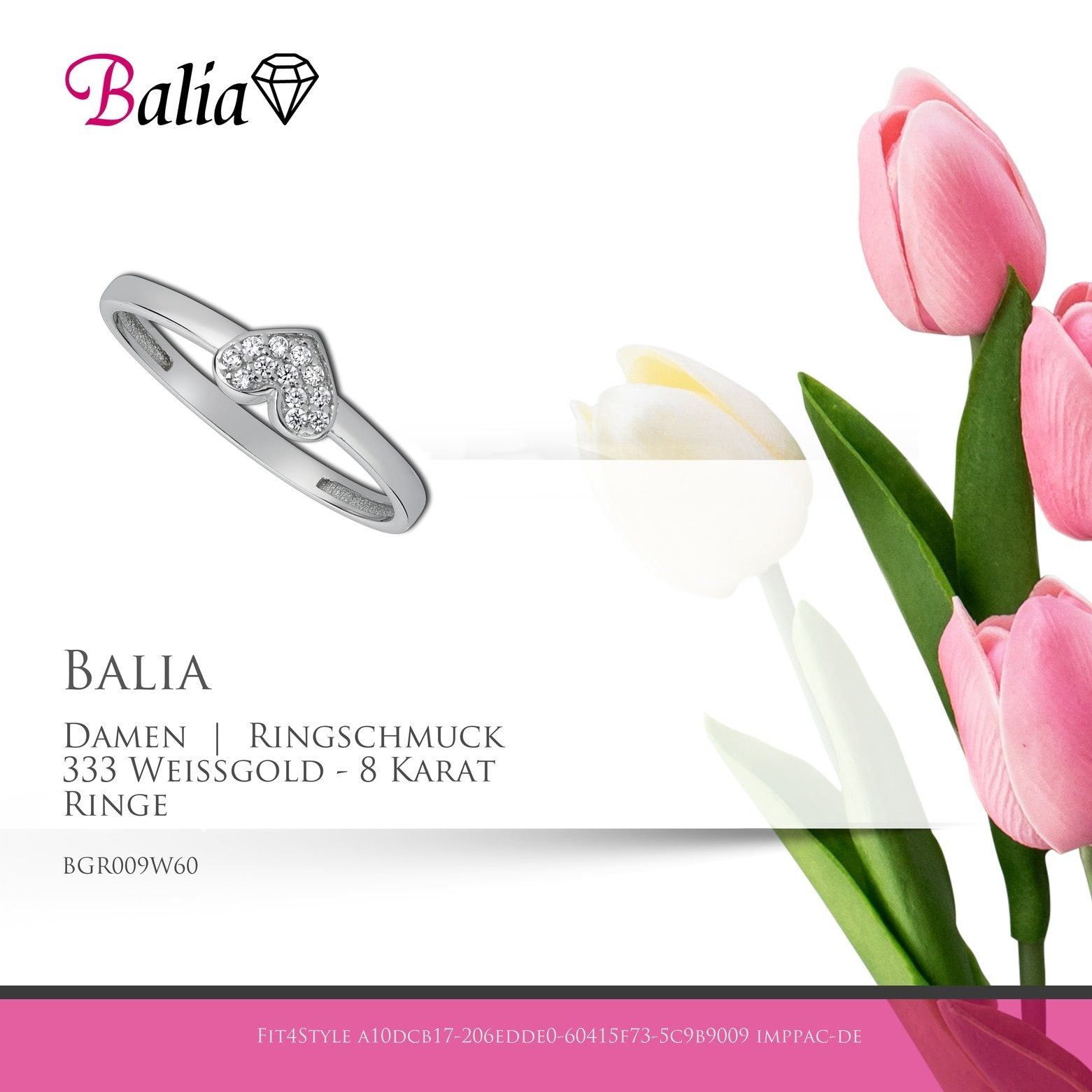 Ring 60 weiß, Damen (19,1), Goldring Balia (Fingerring), Herz, silber 8Karat Farbe: Damen aus Balia Gold Weißgold Ring 333, Gr.60