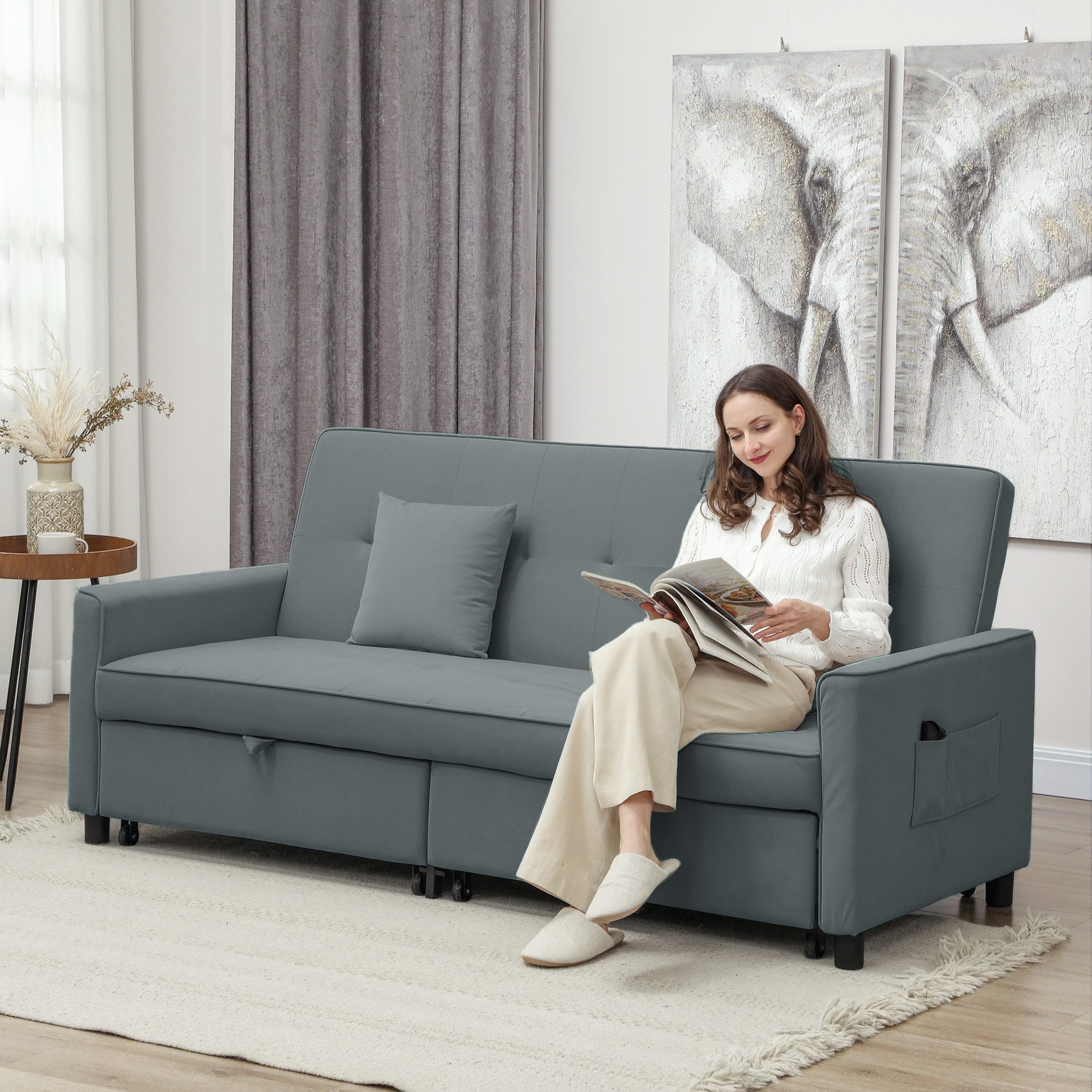HOMCOM Schlafsofa 3-in-1 Klappsofa mit Schlaffunktion, verstellbare Rückenlehne, 3-Sitzer-Schlafcouch 1 Teile, für Wohnzimmer, Schlafzimmer, Grau