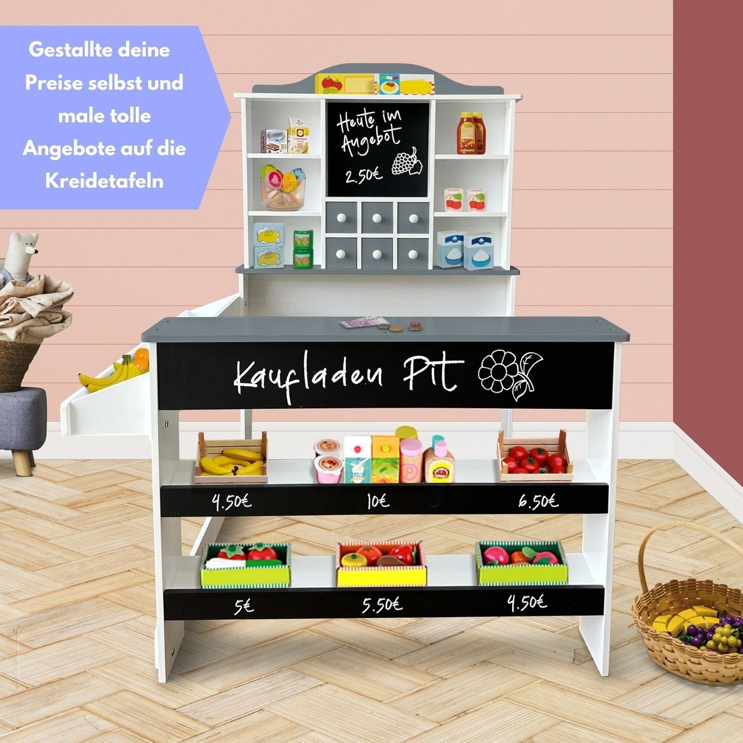 Coemo Kaufladen PIT, Grau Verkaufsstand Kaufmannsladen Holz + Kreidestift Tafel Schubladen