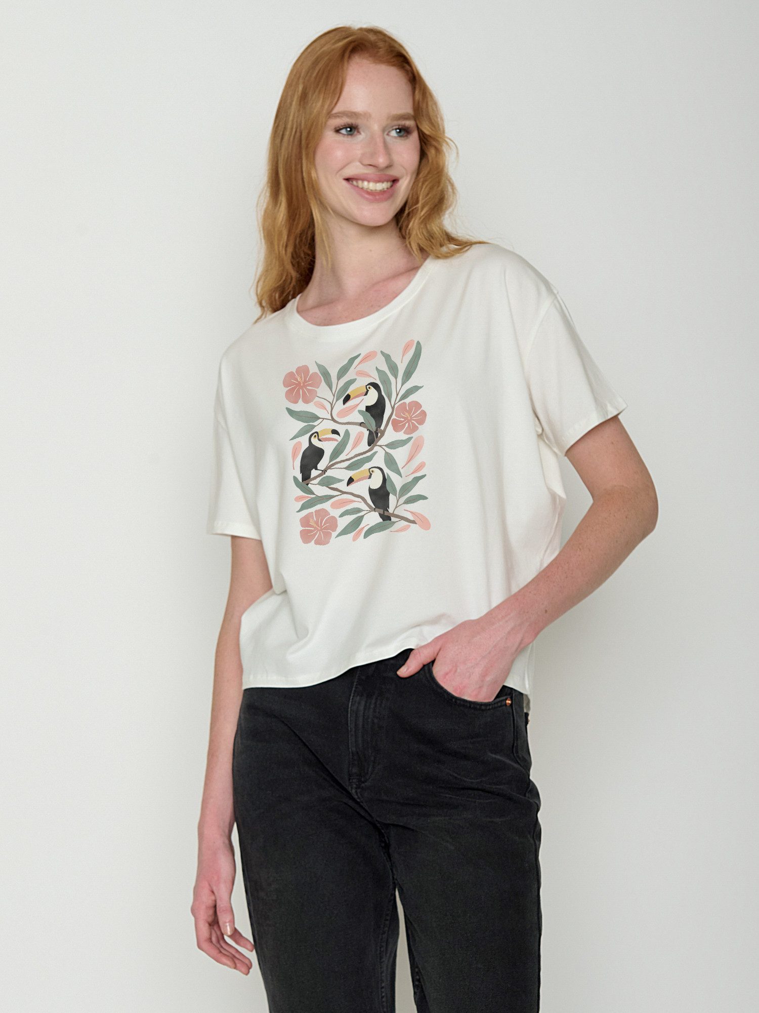 GreenBomb T-Shirt Feel Tucan Flower (1-tlg., 1) lockerer Schnitt, leichter Fall, vorne kürzer als hinten