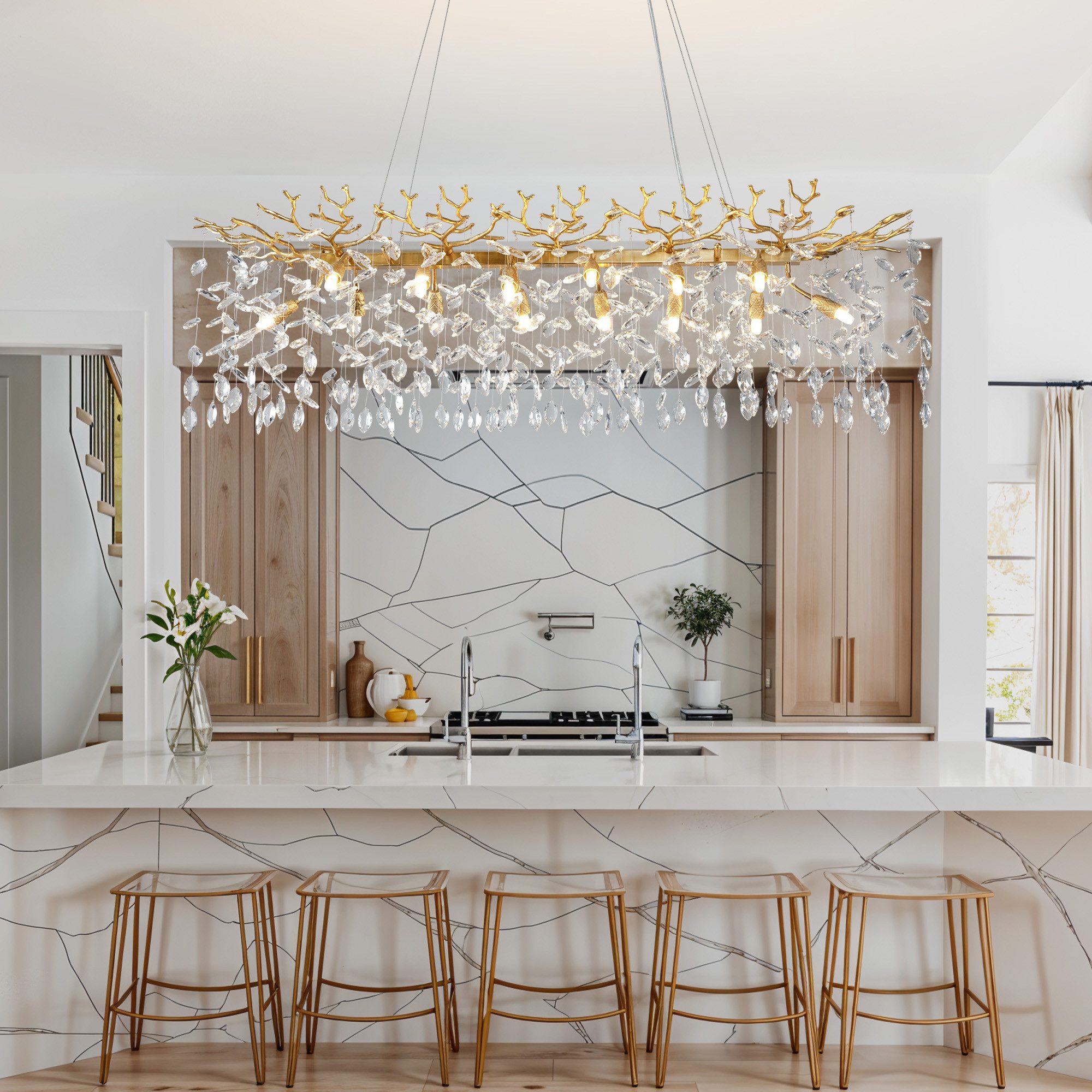 Surtime Kronleuchter rechteckig, 120 cm, Goldfarben, 14x G9, Kristall, 14 G9-Fassungen für gleichmäßiges Licht, LED wechselbar, 3000 K Warmweiß, K9-Kristalldesign