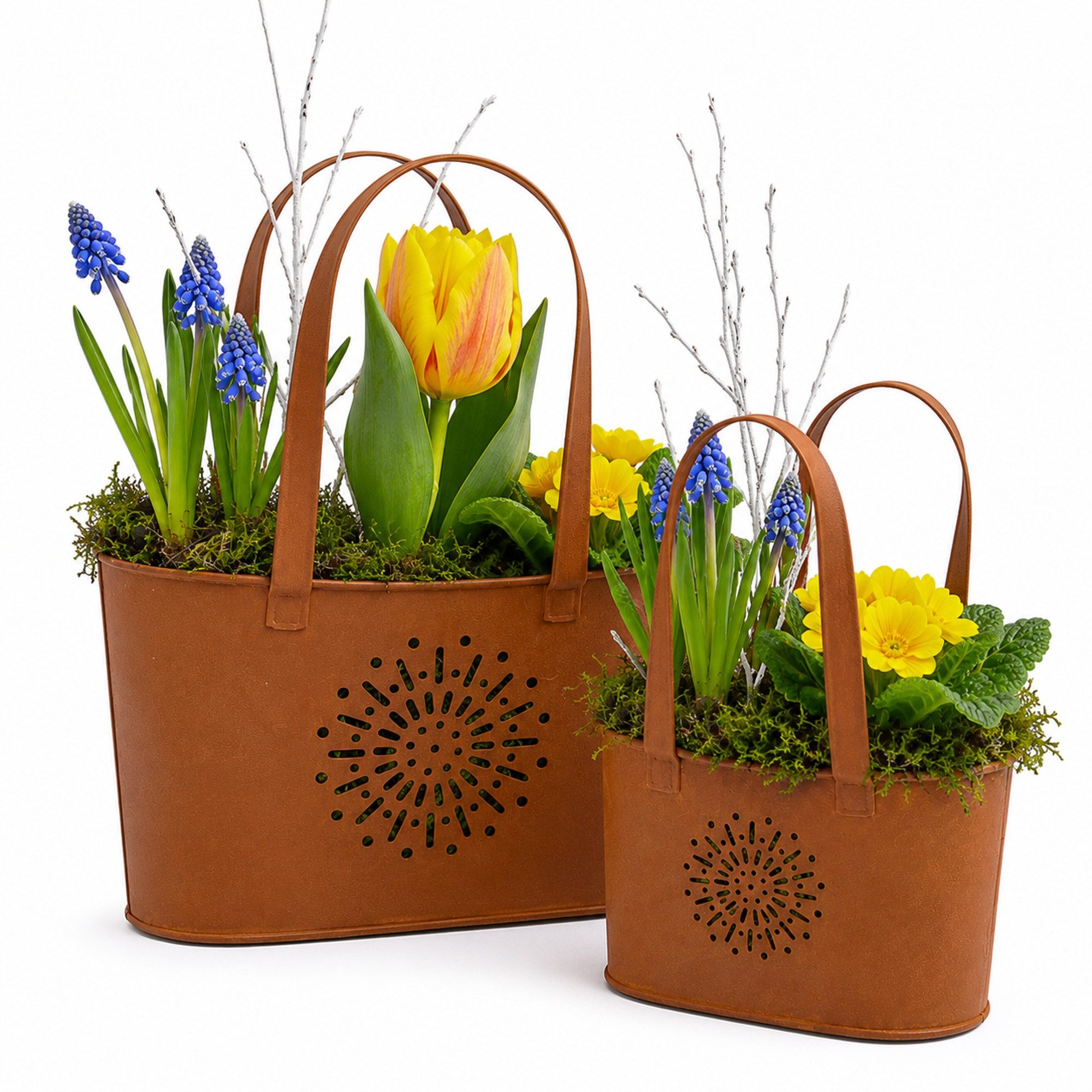 UNUS GARDEN Blumentopf draußen Handtasche Metall dekorative Rostdeko (2 St., 2er Set im Rostdesign), Gartendeko robust, Pflanztopf outdoor