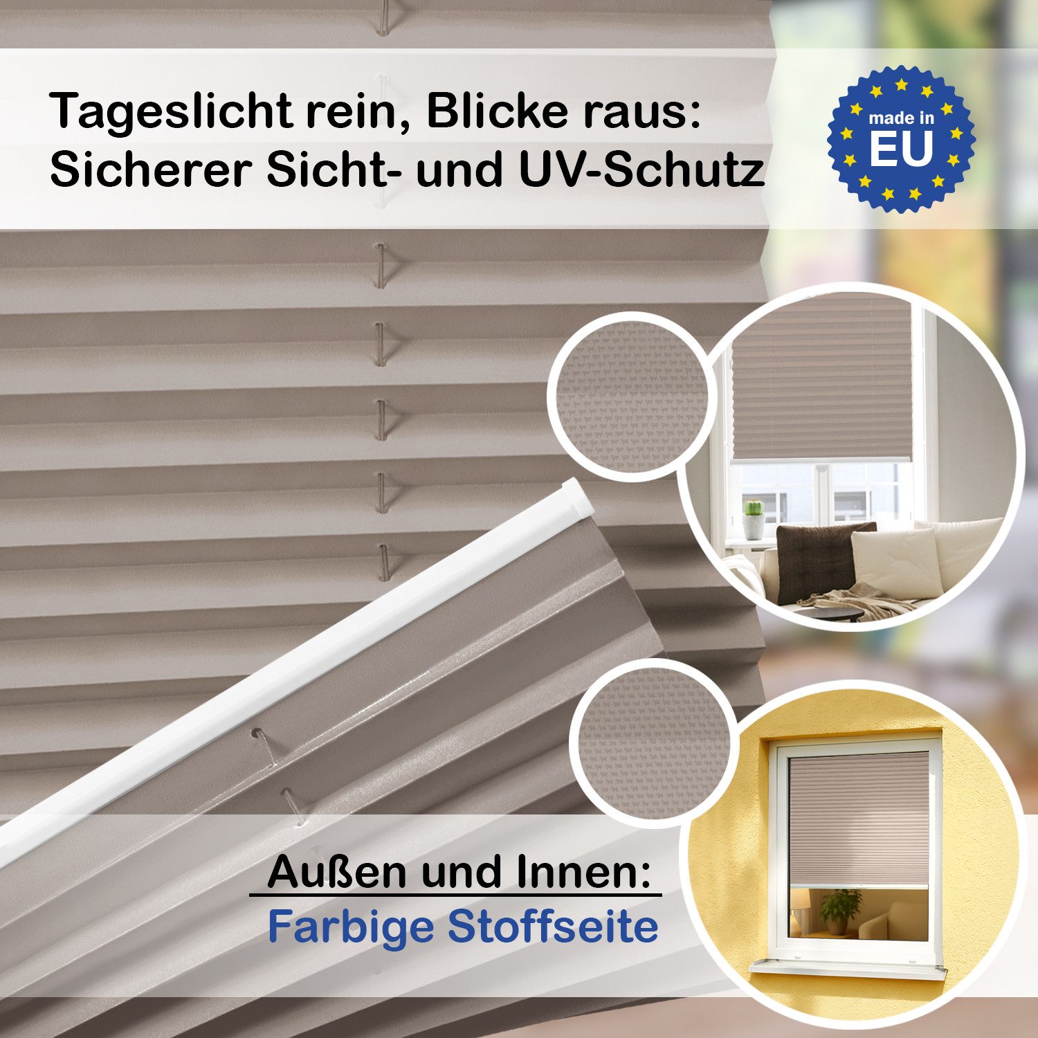 Rikmani Plissee Klemmfix ohne Bohren Graubeige 40x100 cm, blickdicht, Klemmfix, Sichtschutz, Sonnenschutz, einfache Montage, Stufenlos verstellbar