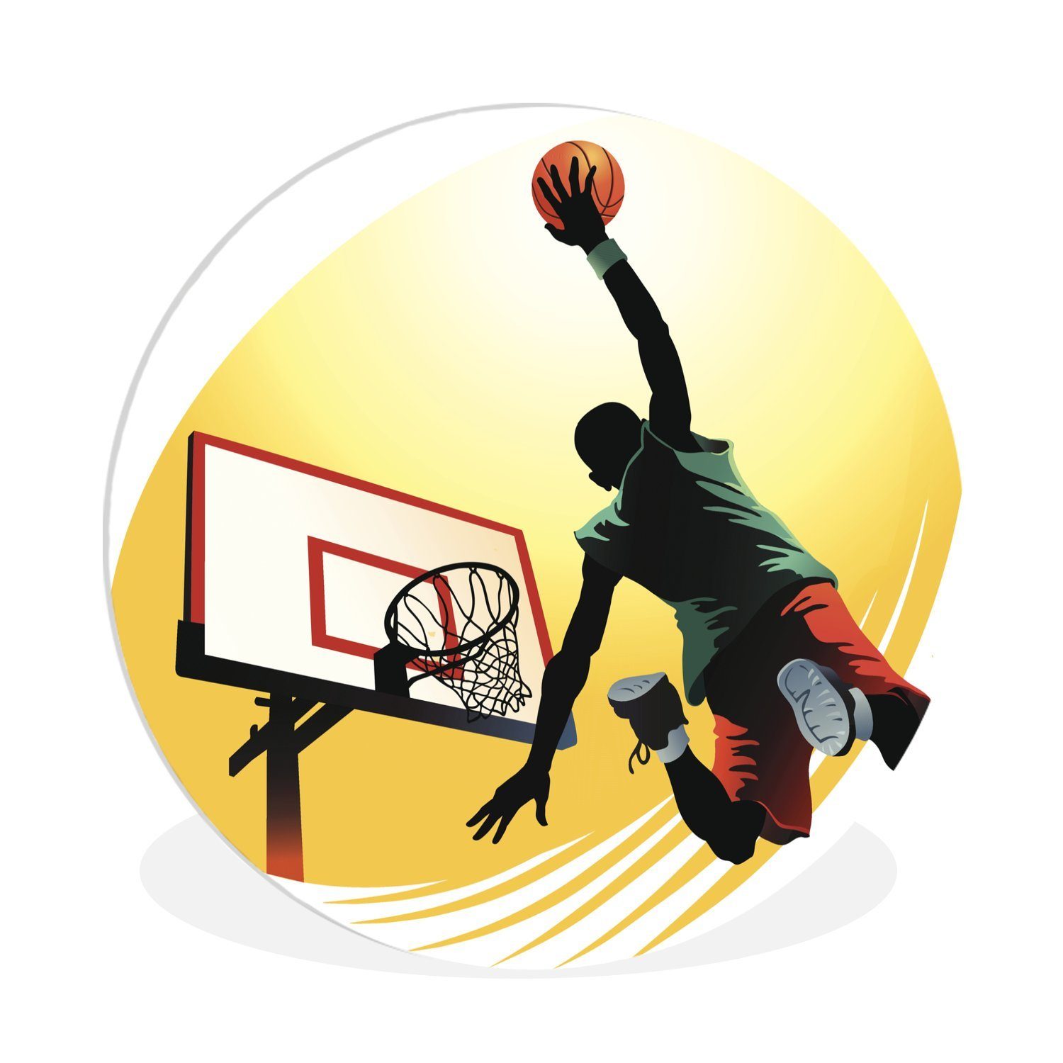 MuchoWow Gemälde In einer Illustration Kreis cm Rundes Wohnzimmer, Forex, ein St), wirft 30x30 (1 Seite, Basketballspieler von Wanddekoration Wandbild, der