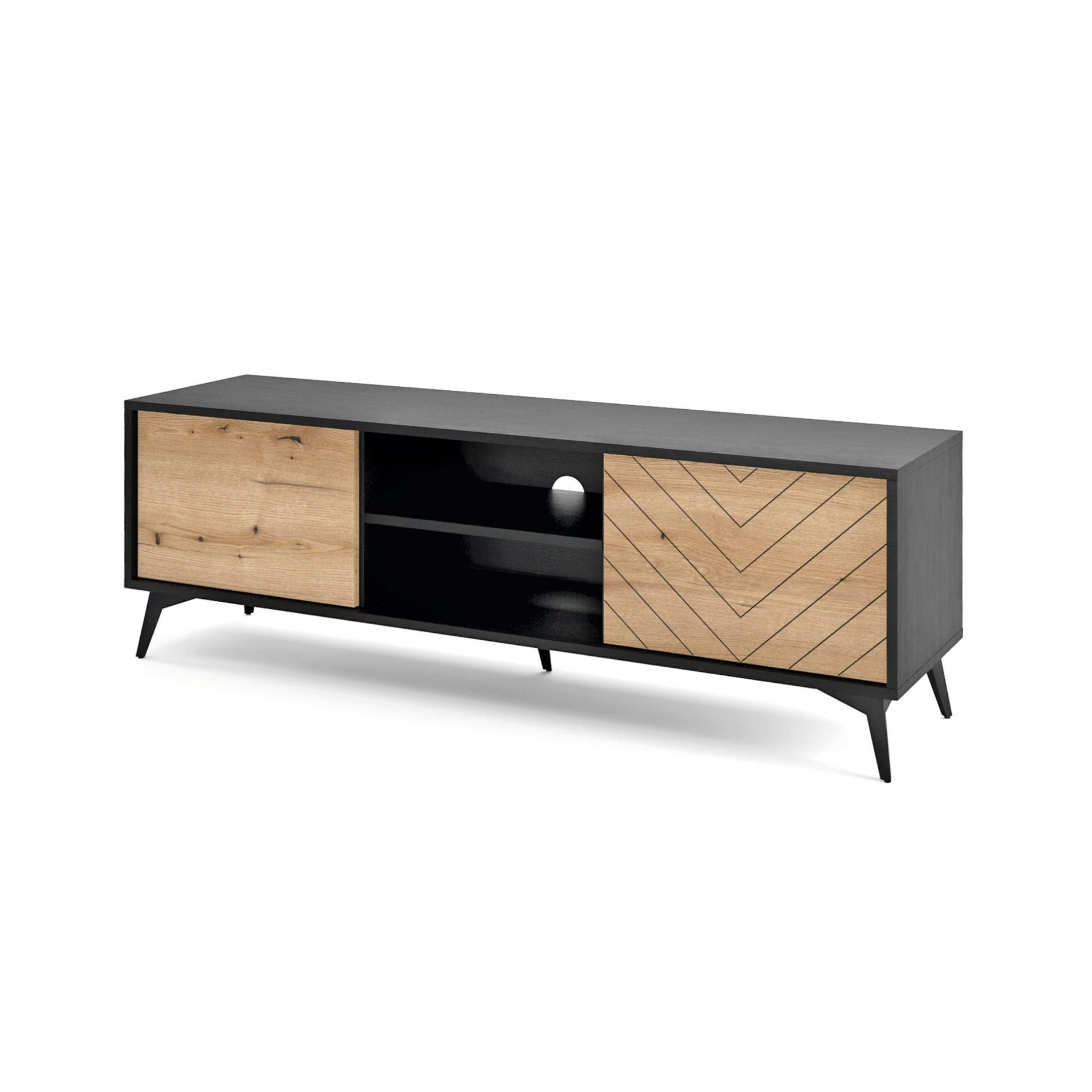 Selsey TV-Schrank BOULIA TV-Lowboard 154 cm, schwarz mit Fronten in Eicheoptik, Fischgrätmuster