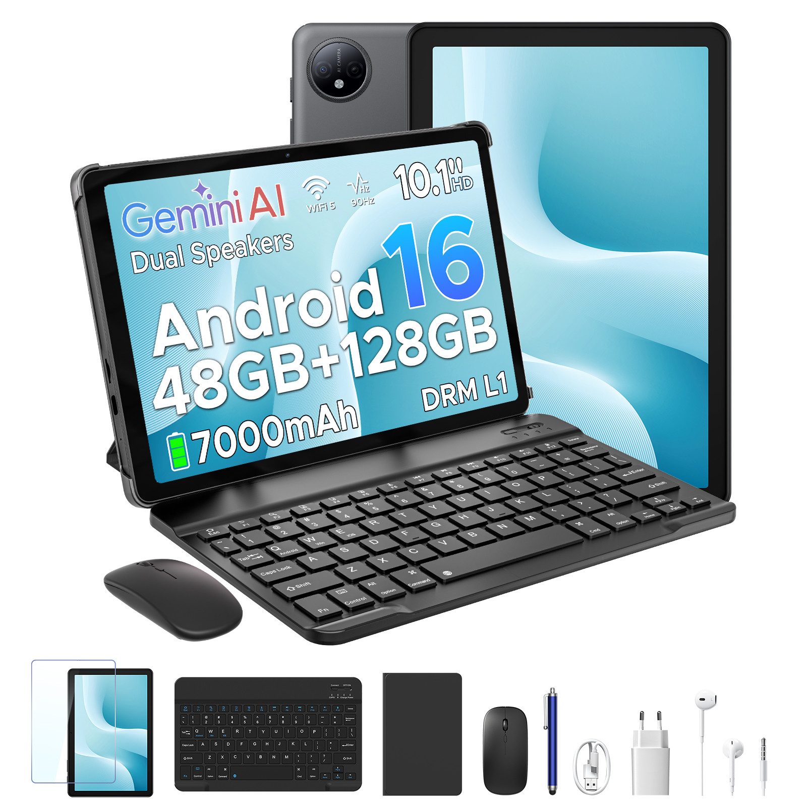 Aorlym AP10 Tablet 10,1 Zoll Android 16, 48GB RAM, 7000mAh Akku Tablet (10.1", 128 GB, Android 16, WiFi, Gemini AI, Unisoc T310, 90Hz Display, Tastatur-Set, Dual Speaker)