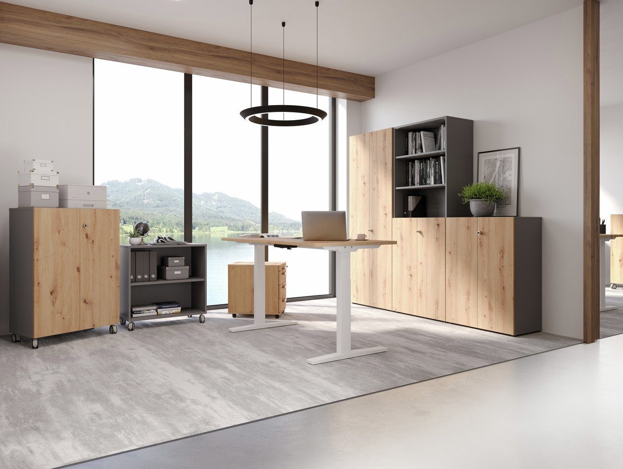  B: Schreibtisch H: 120cm,  Rechteckform Schreibtisch Onni, PROREGAL®  Grau, 70-120cm, Beton