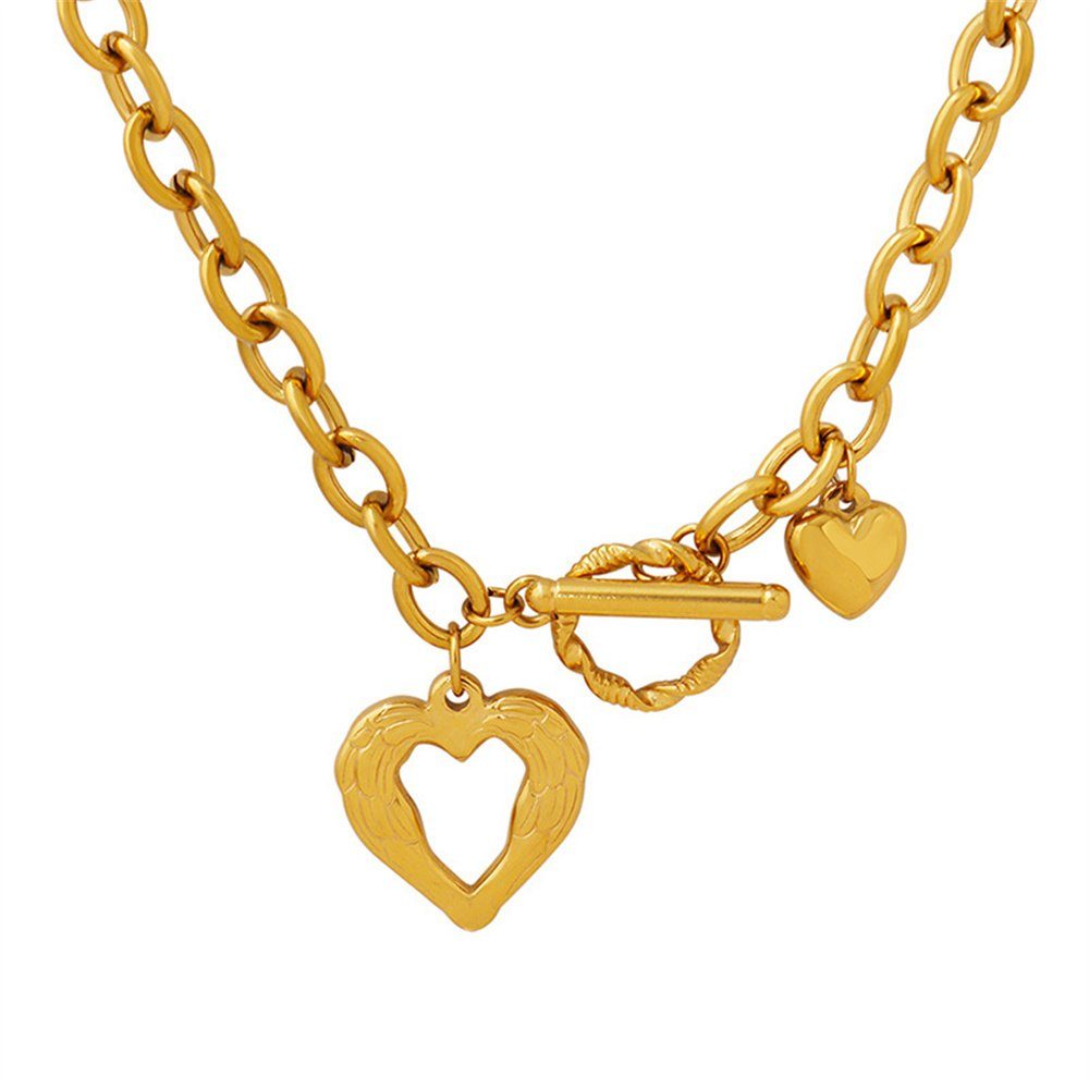 Rouemi Charm-Kette Herz-Halskette, Anhänger-Halsband, Engelsflügel-Anhänger-Halskette Goldfarben