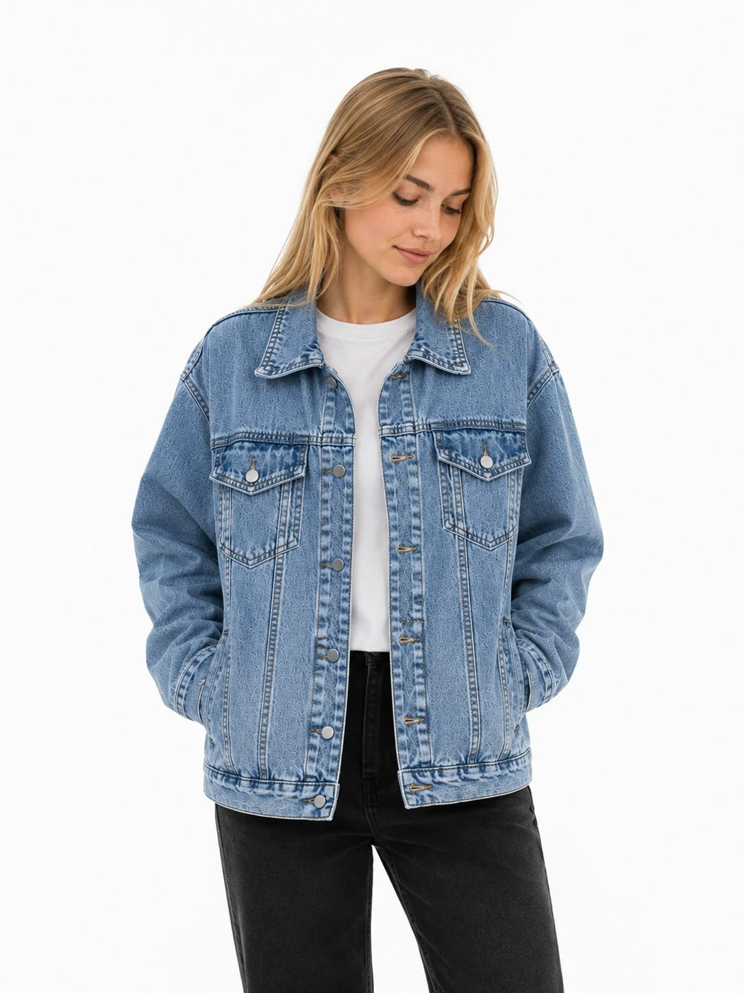 Blondie & Brownie Jackett Damen Jeansjacke hellblau Oversize Boyfriend Style Übergangsjacke Retro Denim Jacke