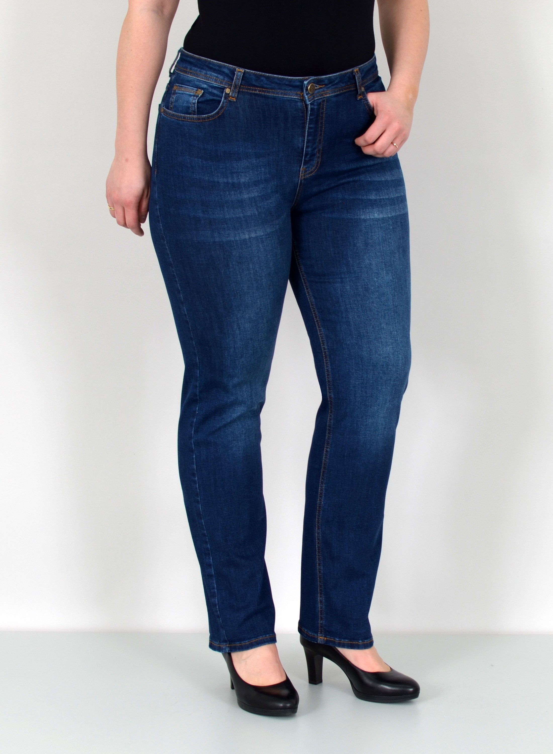 ESRA Straight-Jeans Damen Jeanshose Gerader Schnitt Stretch Hose hoher Bund bis Plus Size Straight Jeans Damen High Waist Hose Stretch Jeans Regular Übergröße