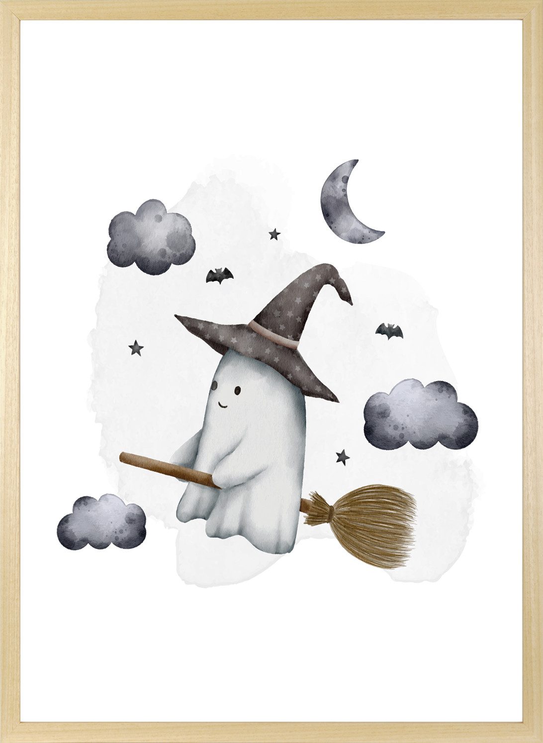 queence Bild mit Rahmen Kleines Gespenst, Fantasy, Himmel, Himmelsbilder, Stern, Sterne, Wolken (1 St), HD Premium Posterdruck mit Echtholzrahmen