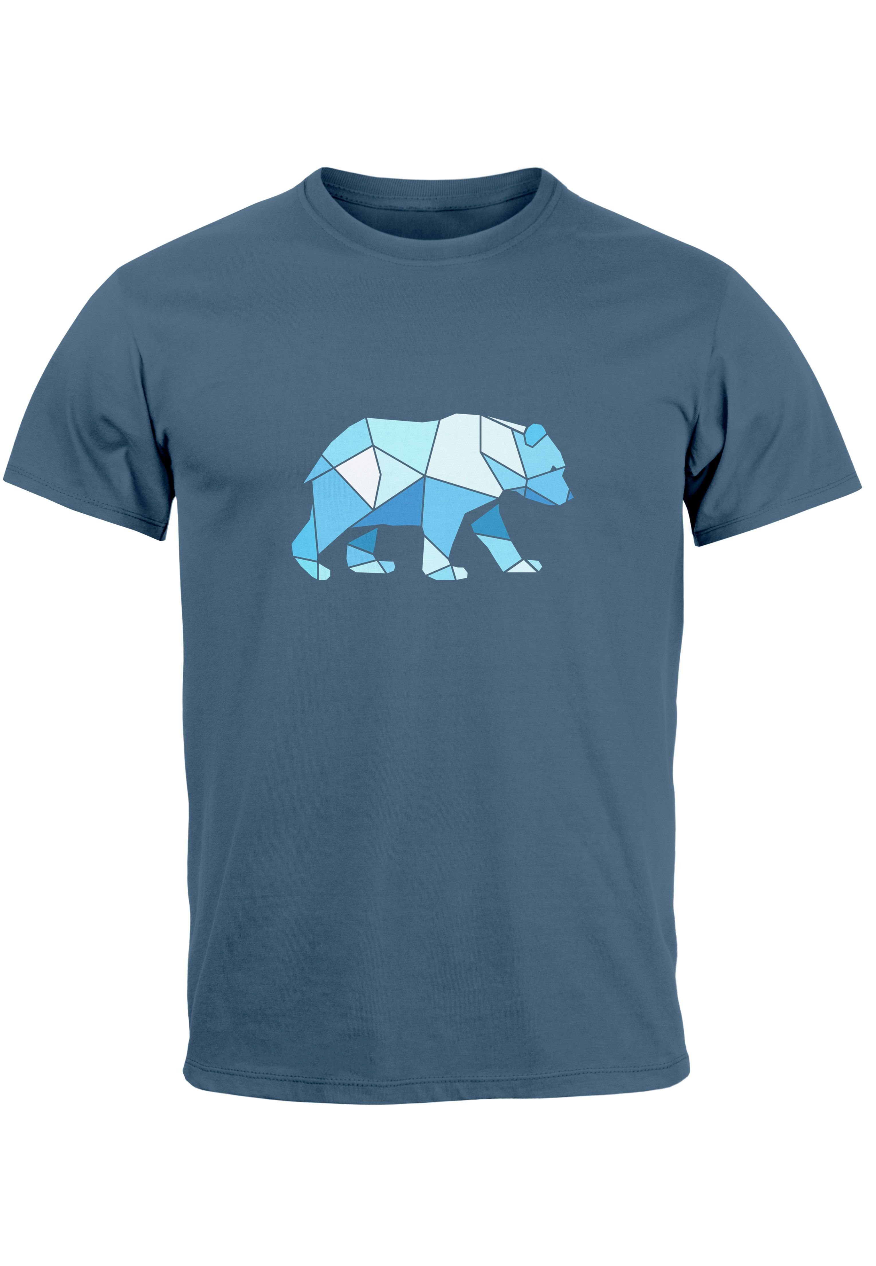 Neverless Print-Shirt Herren T-Shirt Polygon Grafik Bär Outdoor Fashion Tiermotiv Wandern Ge mit Print denim blue