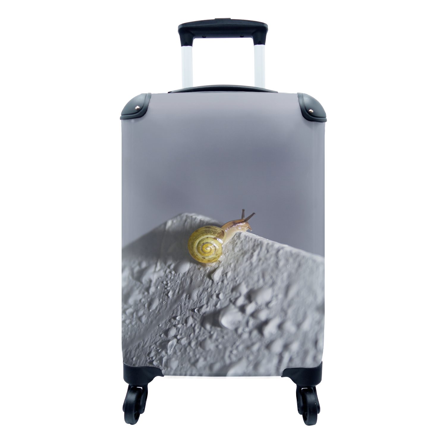 MuchoWow Handgepäckkoffer Schnecke klettert auf eine weiße Plattform mit allerlei, 4 Rollen, Reisetasche mit rollen, Handgepäck für Ferien, Trolley, Reisekoffer